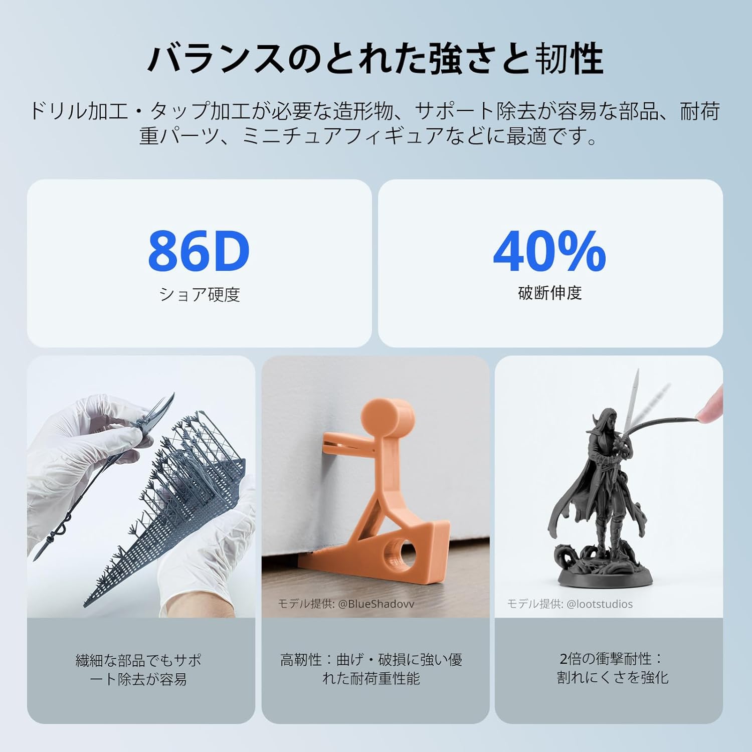 Hands bending a 3D printed part made with ANYCUBIC ABS-Like Resin 3.0, demonstrating its flexibility and toughness.
