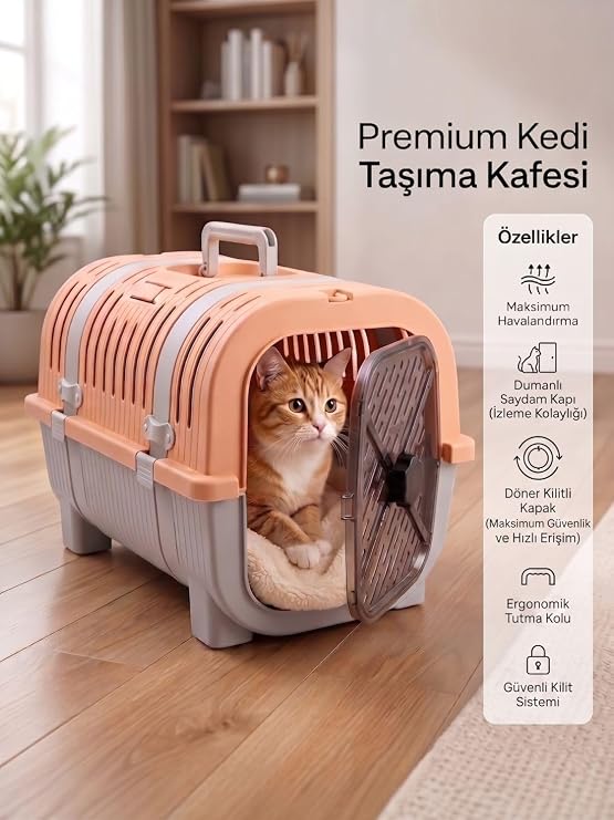 Orret Home Kedi Taşıma Çantası Plastik Kafes Kilitlenebilir Kapaklı Havalı Taşıma Kabı Kedi Köpek Taşıma Box Güvenli Pet Taşıma Kafesi Seyahat Çantası (Açık Gri-Bej)
