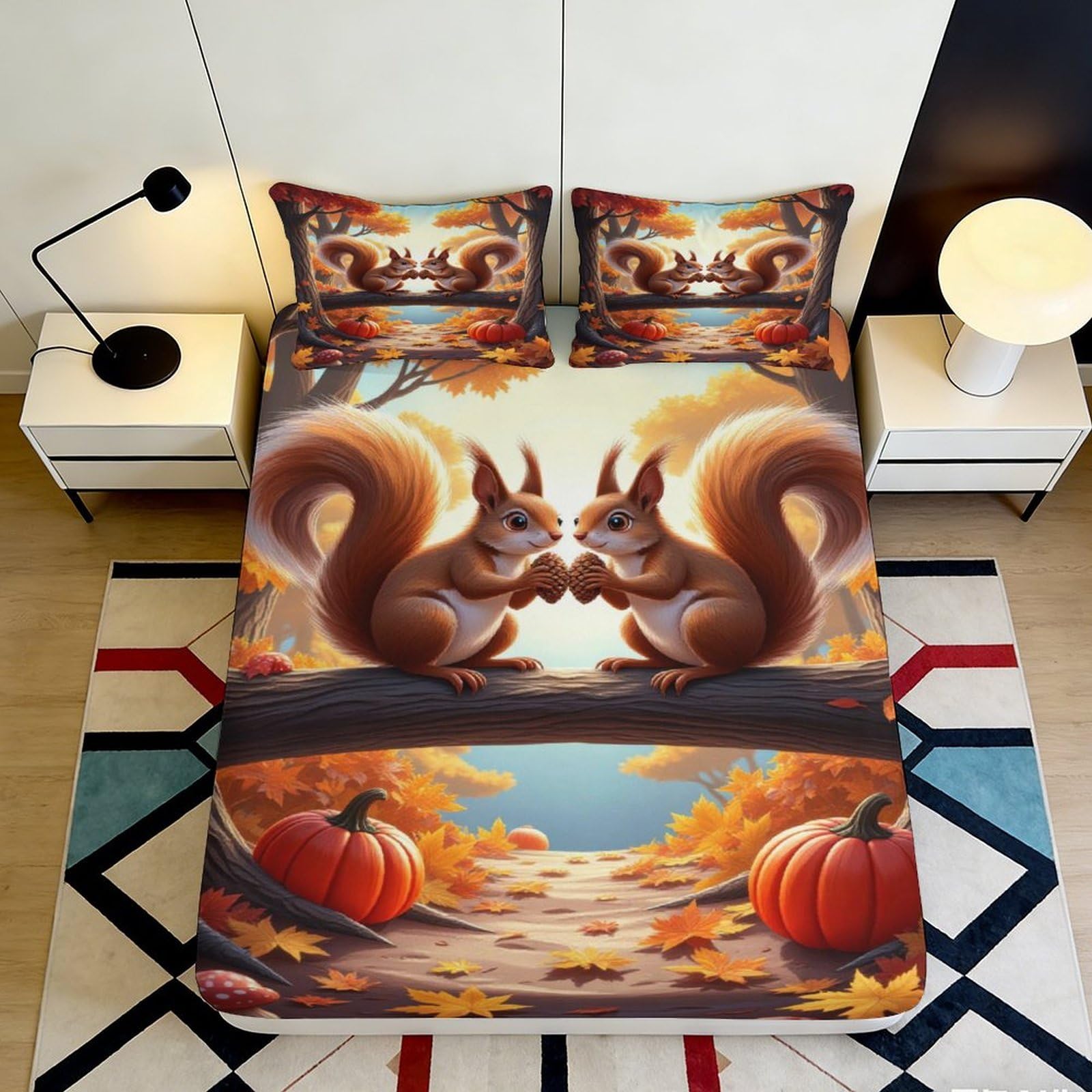 3D Printed Autumn Squirrel Fitted Sheet Microfiber Soft Pumpkin Forest Bed Cover for Bedroom Guest Room Decor 160x200x25cm