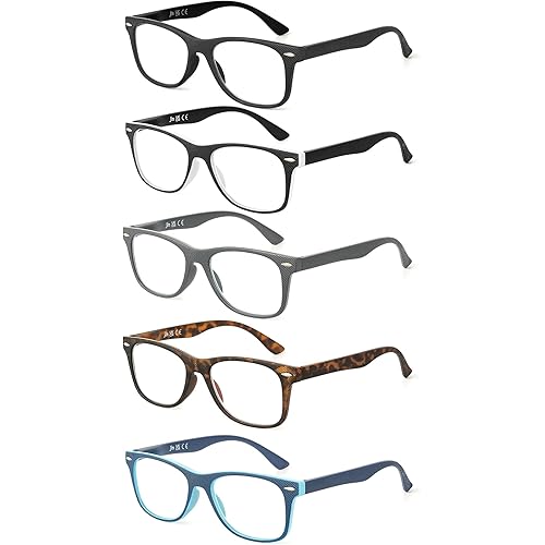 JM 5 Pack Reading Glasse Men with Spring Hinges, Square Blue Light Blocking Computer Readers Anti Eyestrain