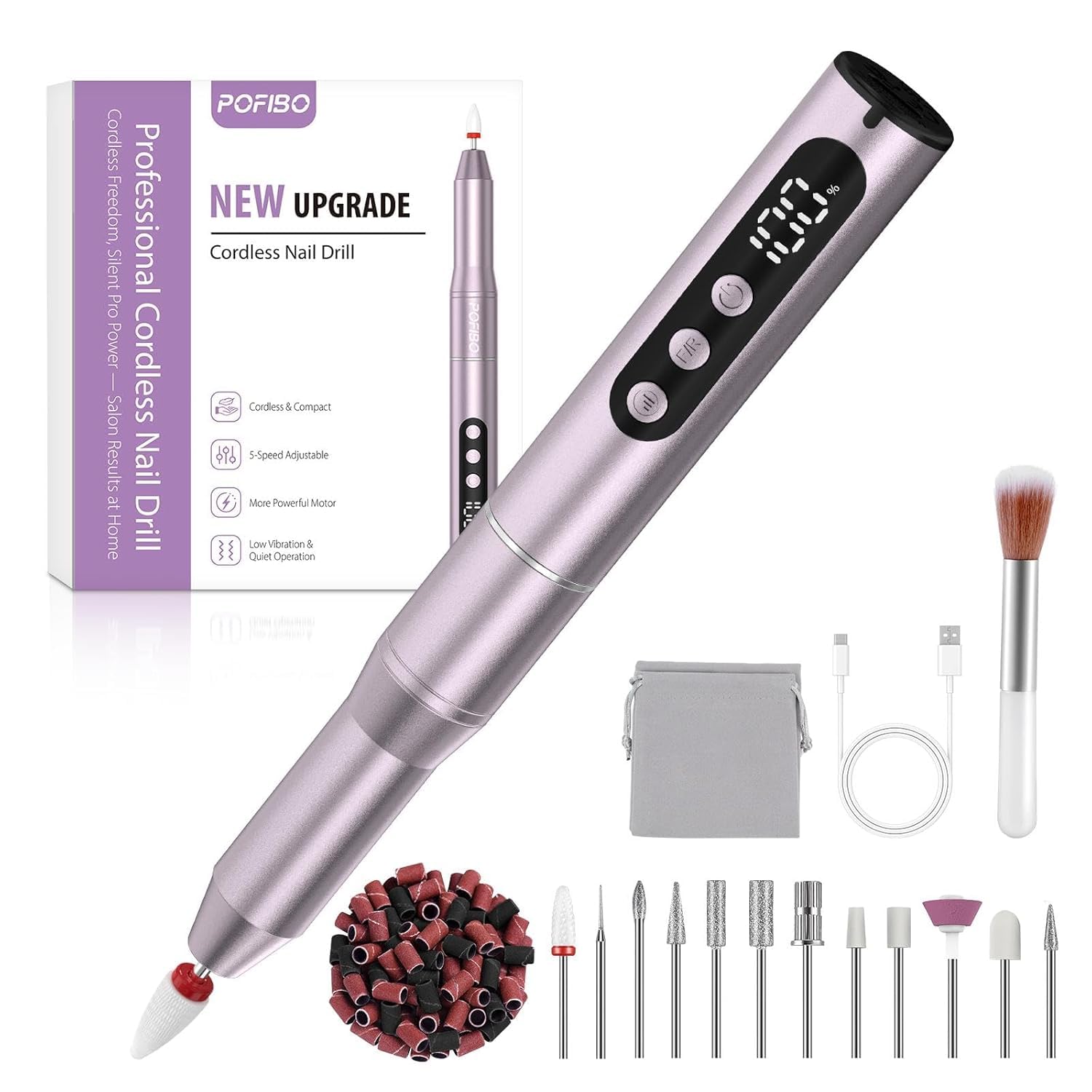 POFIBO Ponceuse pour Ongles Professionnel - 12 en 1 Lime a Ongle Electrique 35000RPM avec LCD écran Numérique, sans fil, 5 vitesses réglables - Kit de Manucure Pédicure Rechargeable Vitesse (Violet)