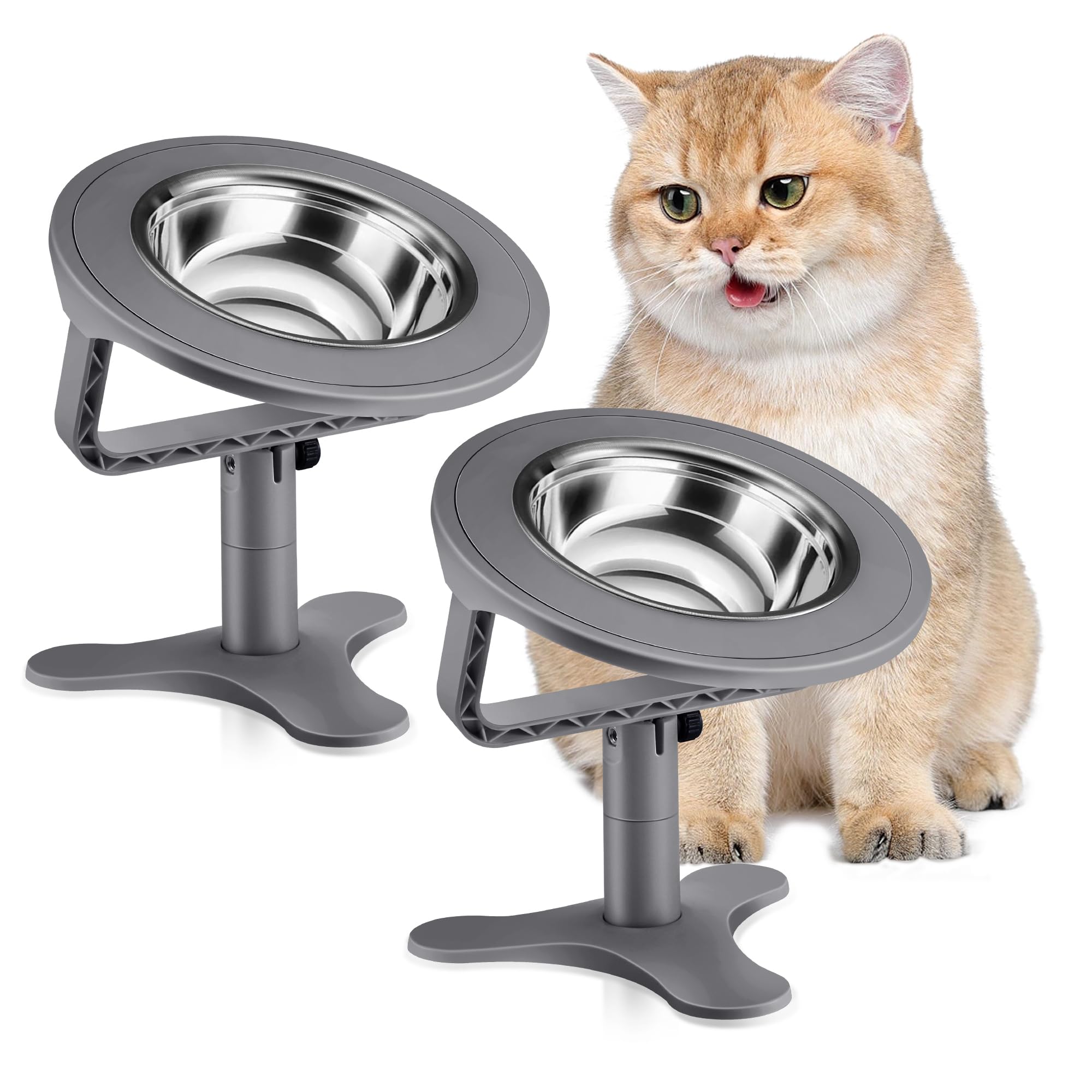 Raised Cat Bowls,Indoor Cats with Height-Adjustable Stand,Non-Slip Stainless Steel Bowls,15° Tilted Cat Food Bowls (2-Pack, Grey)
