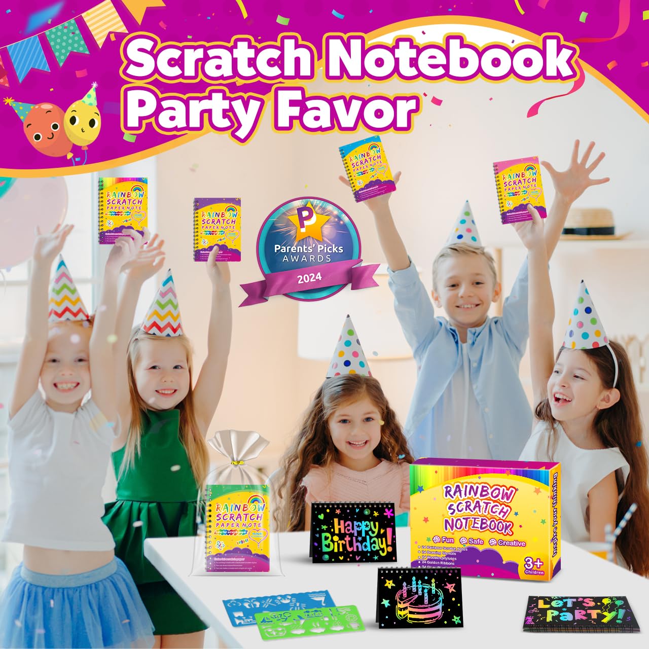 Pigipigi Kids Scratch Art Bambini, 24 Set con Quaderno Grattare, Stencil e Penna Legno - Gadget Compleanno Bambini, Regalini Fine Festa Compleanno Bambini - Lavoretti Creativi