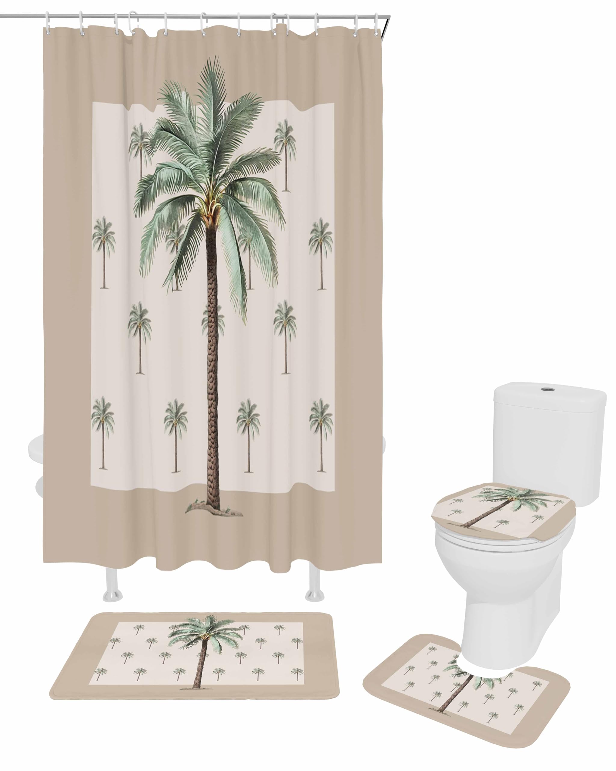Singingin Shower Curtain Set with Bathroom Rugs and Mats Tropical Palm Tree Bathroom Rugs Set 4 Piece,Non-Slip Rugs,Toilet Lid Cover and Bath Mat,