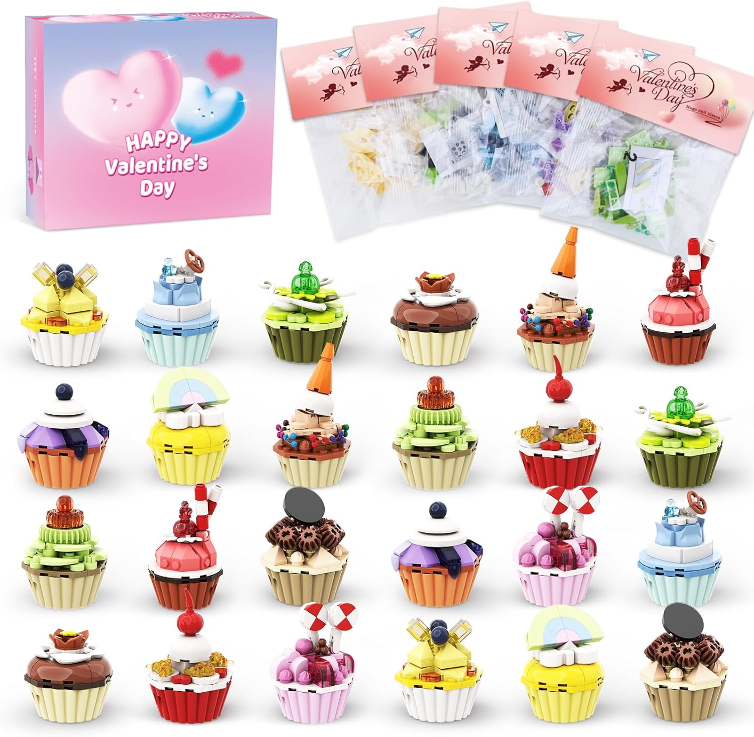 Uiseba Valentines Day Gifts for Kids Classroom/School,24PCS Cake Building Blocks and Valentines Cards,Toys for 3+ Years Old Girls & Boys