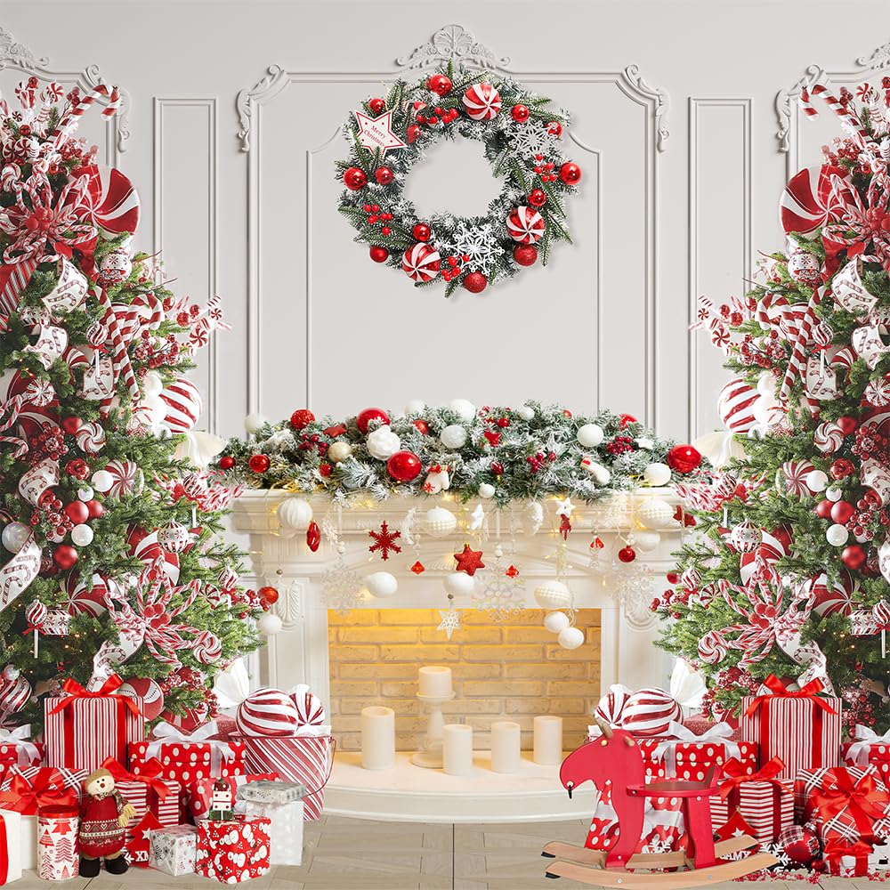 DULUDA 8x8 FT Christmas Fireplace Backdrop White Fireplace Red Xmas Tree Photography Background Winter Christmas Family Kids Holiday Party Theme
