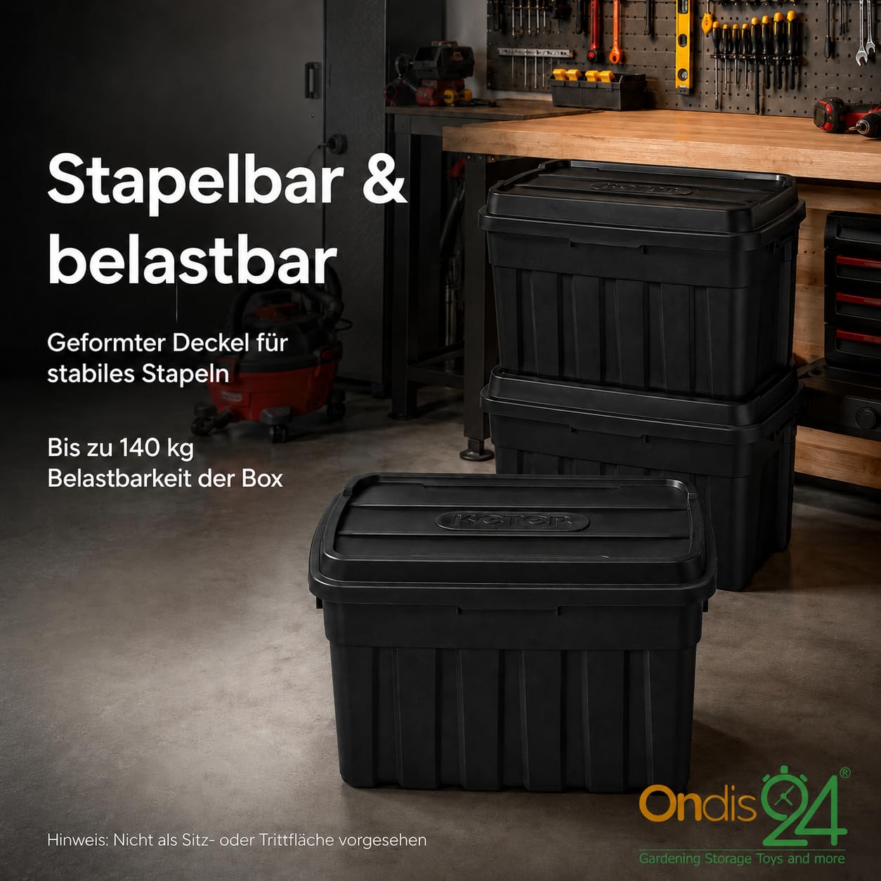 Ondis24 Scatola portaoggetti con coperchio, 140 l, 77 x 42 x 66 cm, impilabile con coperchio, stabile, impilabile, in plastica, per proprietari di case, genitori, appassionati di fai da te, forniture