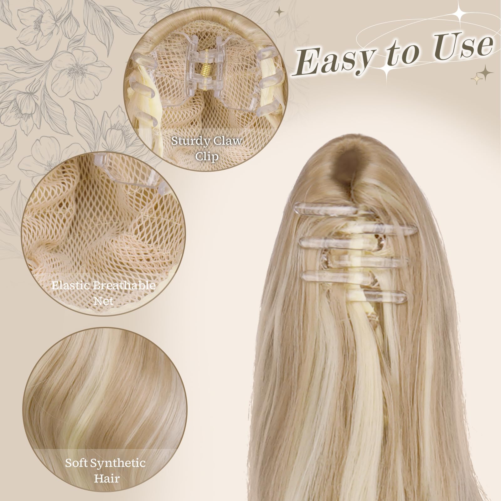 FESHFEN Ponytail Extensions 20 inch Long Wave Ponytail Claw Clip in Pony Tail Hair Extensions Dark Ash Blonde Mixed Bleach Blonde Wavy Ponytails Synthetic Hairpieces for Women Girls - Image 3