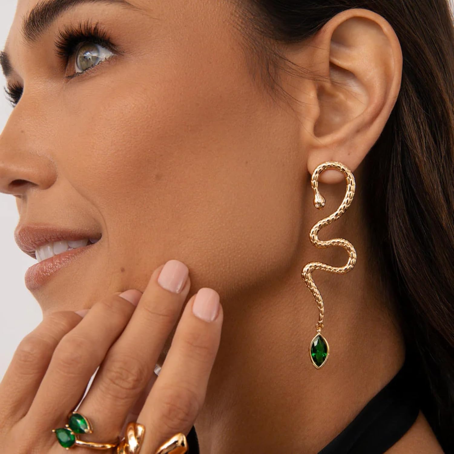 Ettika Snake Earrings. Serpentina Statement Earrings, Snake Stud Earrings For Women in 18K Gold Plated With Emerald Green Crystals