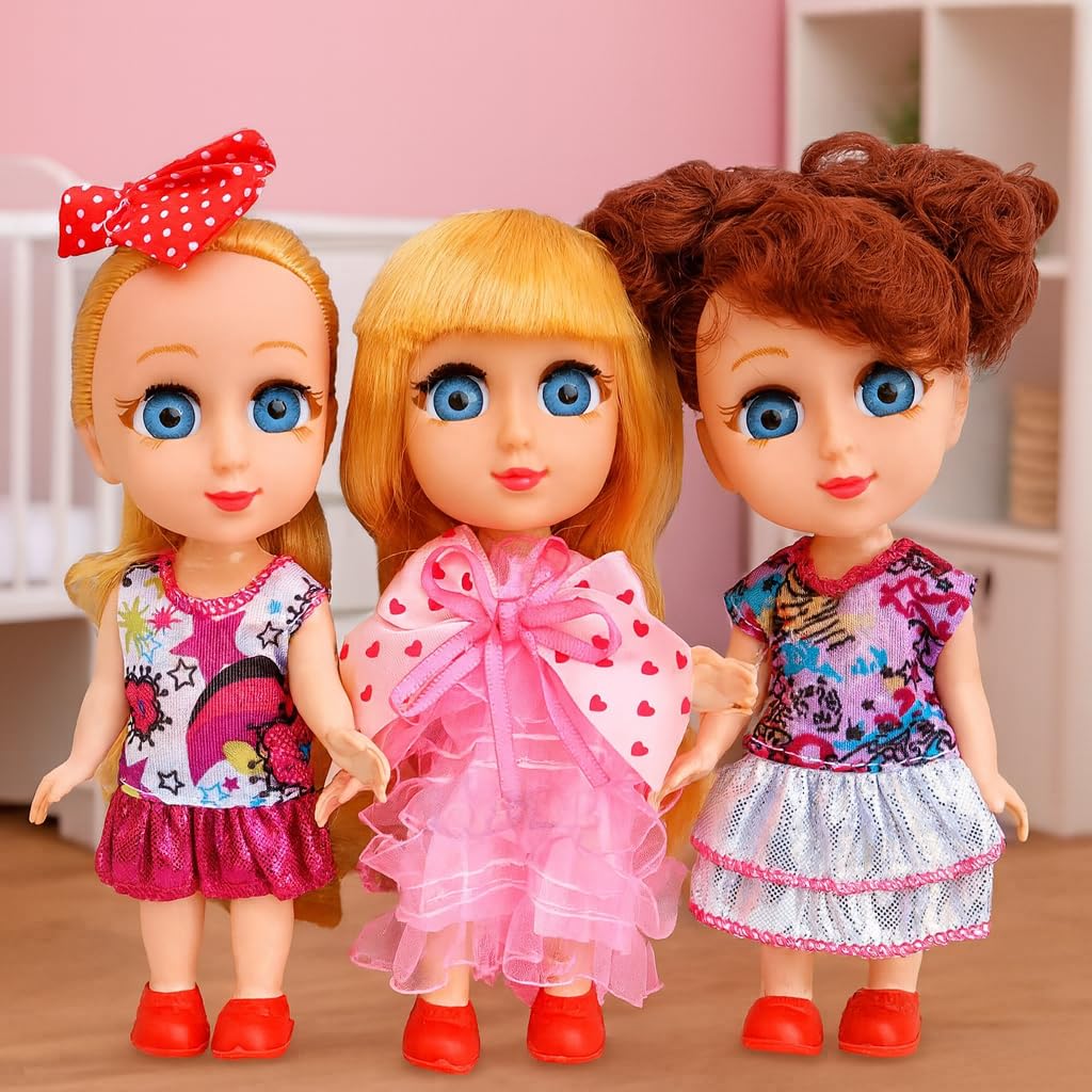 Toyshine Pack of 3 Cuties Doll Set for Kids, 6 Inches, PVC Non-Toxic Material, Assorted Dress Design