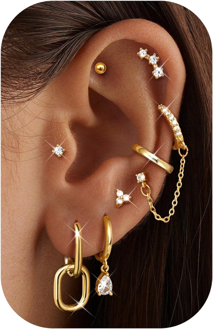 LOLIAS Hypoallergenic 14K Gold Plated Hoop Stud Earring Stacks for Women Trendy - Chain Cartilage Earrings Cute Silver Huggie Earrings Sets for Multiple Piercing Jewelry Lightweight 8Pairs