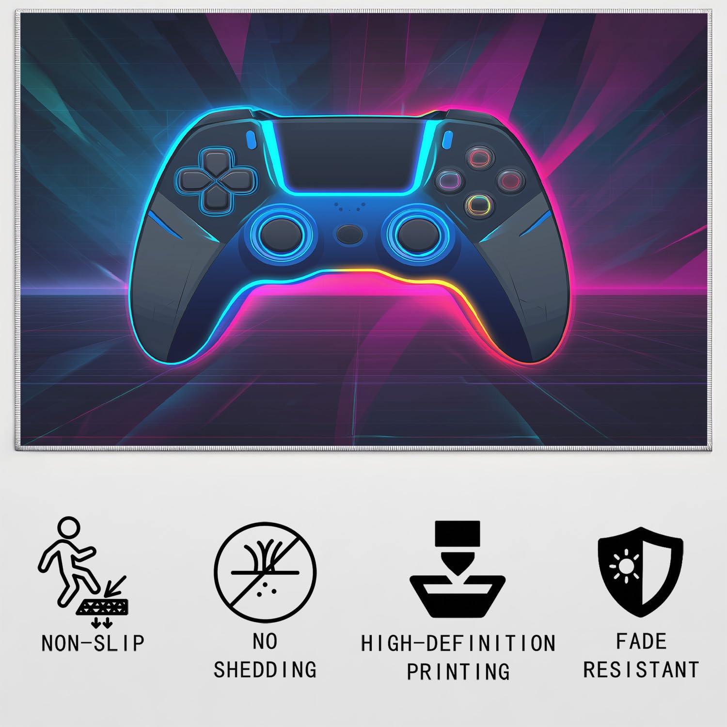 Generisch Gaming Teppich für Wohnzimmer 120 x 160 cm, Waschbar Druckmuster Neon Game Controller Energetisch Teppich für Küchen Esszimmer Heimbüro Kinderzimmer, Weich Festival Königsviolett Fußmatten