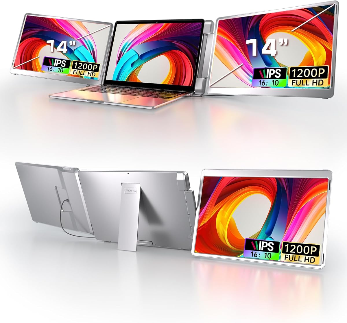14" Triple Monitor Laptop Screen Extender, FHD 1200P 16:10 Laptop Screen Extender, Left Screen 360° Flip Portable Monitor for 12-16.5" Laptops with HDMI/USB-C, Plug & Play - S7
