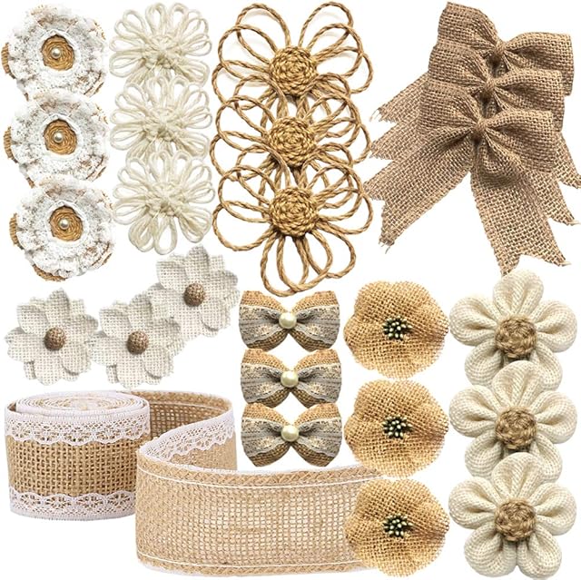 25PCS Handmade Natural Burlap Rose Flowers for Crafts, Jute Twine Burlap Flowers and Pearls Bow Rustic Burlap Decoration 8 Styles with 1 Lace Burlap Ribbon Roll for DIY Craft Wedding Party Christmas