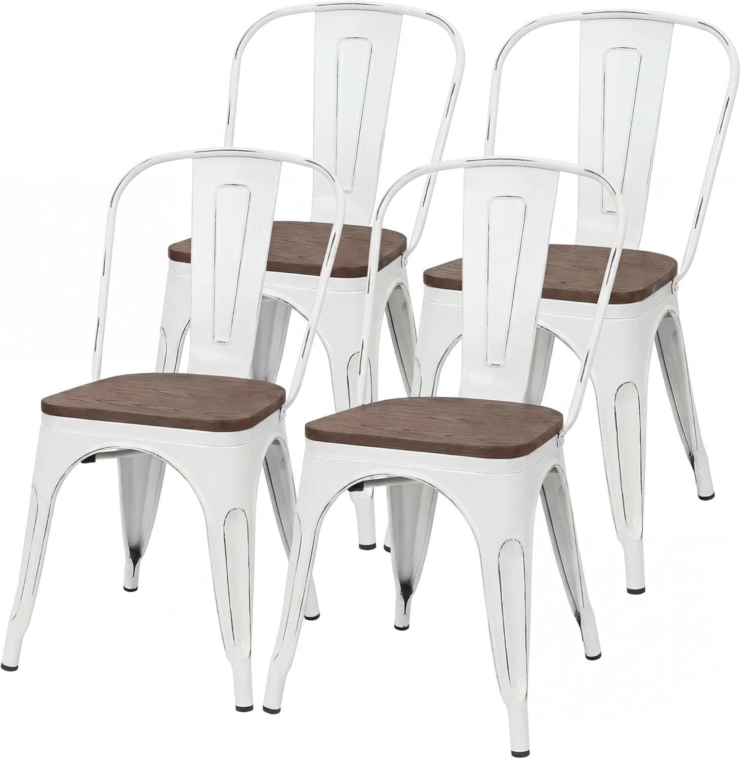 JUMMICO Metal Dining Chair Stackable Industrial Vintage Kitchen Chairs Indoor-Outdoor Bistro Cafe Side Chairs with Back and Wooden Seat Set of 4 (White)