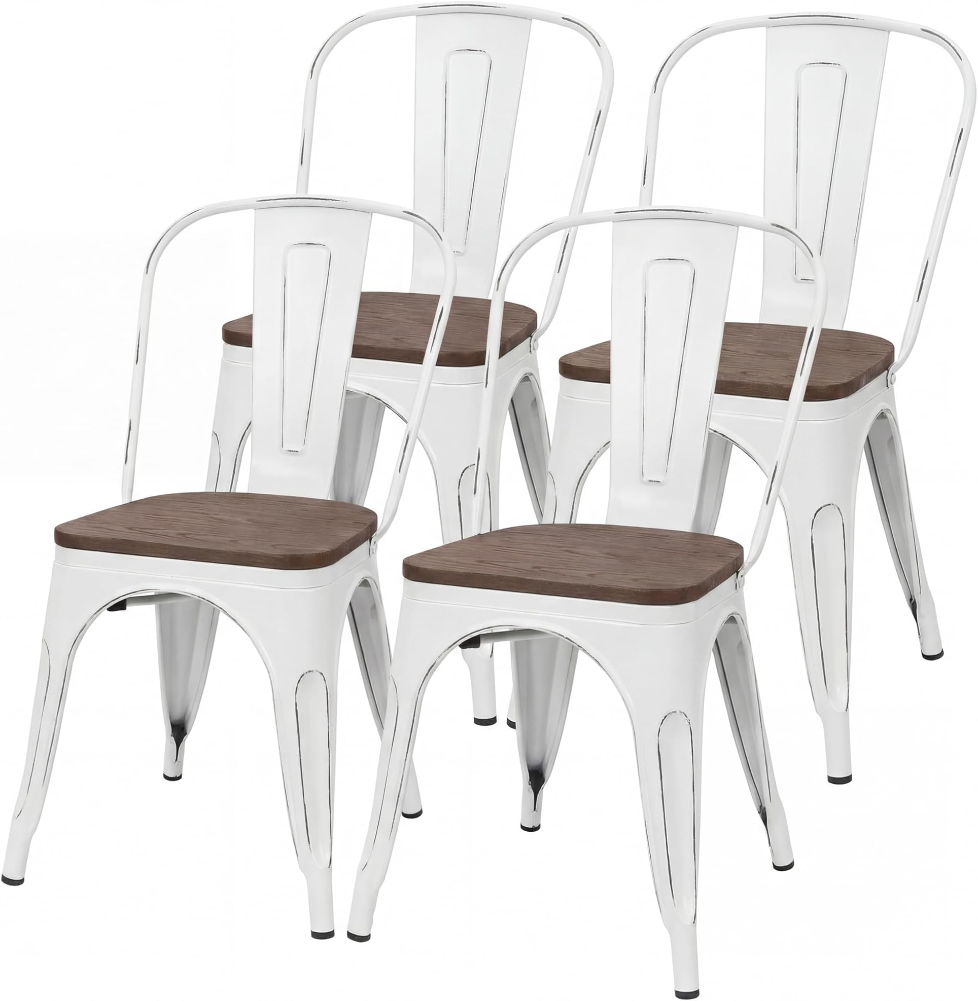 JUMMICO Metal Dining Chair Stackable Industrial Vintage Kitchen Chairs Indoor-Outdoor Bistro Cafe Side Chairs with Back and Wooden Seat Set of 4 (White)