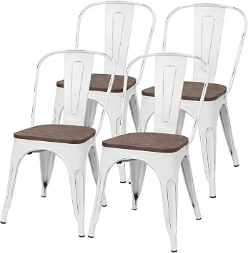 JUMMICO Metal Dining Chair Stackable Industrial Vintage Kitchen Chairs Indoor-Outdoor Bistro Cafe Side Chairs with Back and Wooden Seat Set of 4 White