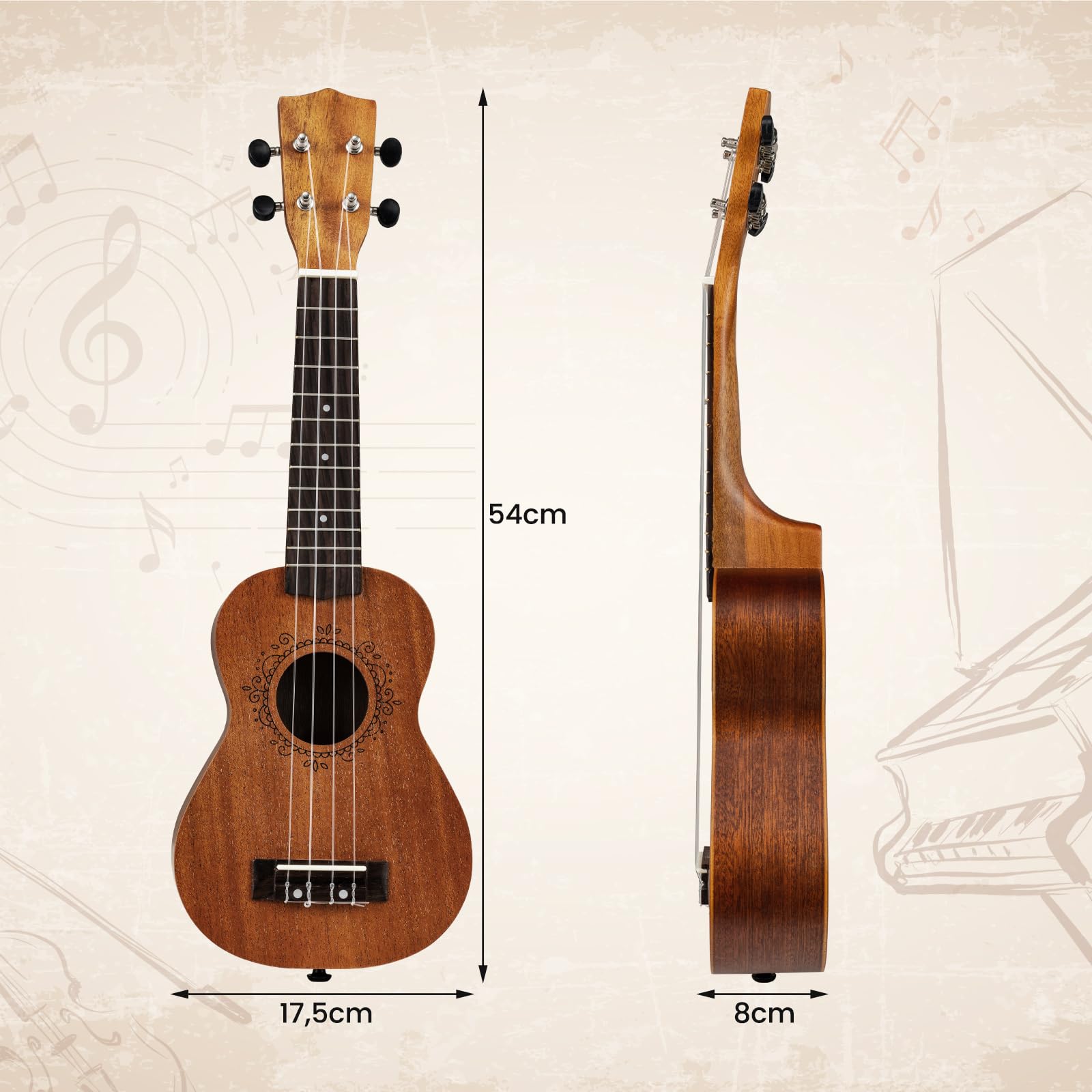 COSTWAY Ukelele de 21 Pulgadas para Principiantes, Ukelele Soprano de Madera de Caoba con Funda, Púa, Correa Ajustable y Cuerdas de Nylon Extra, Guitarra de de 4 Cuerdas para Niños, Natural
