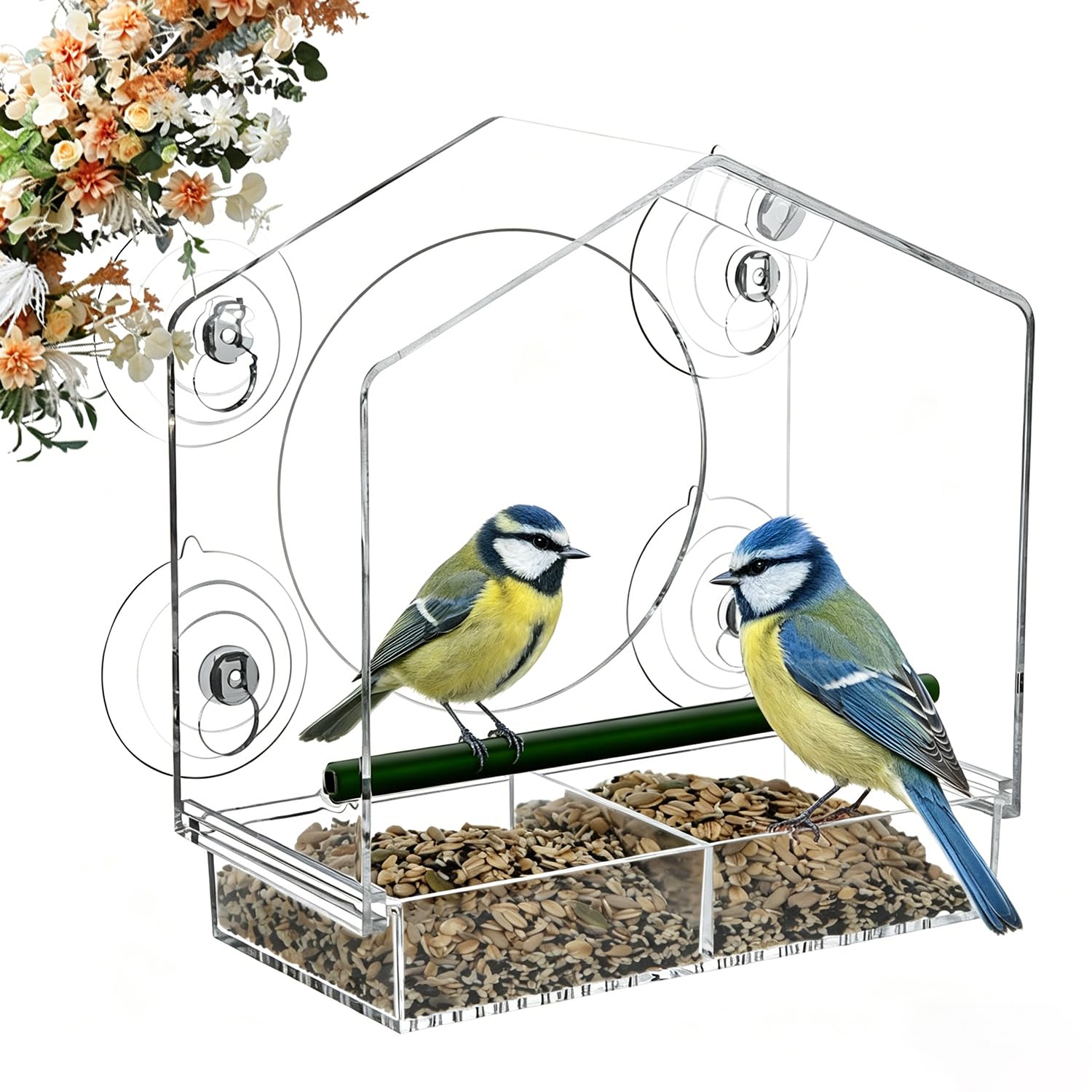 Jarkyfine Fenster Futterhaus für Vögel, Vogelhaus Fensterscheibe mit Saugnäpfen, Groß Vogelfutterhaus Fenster, Futterspender für Wildvögel mit Abnehmbarem Tablett, Window Bird Feeder