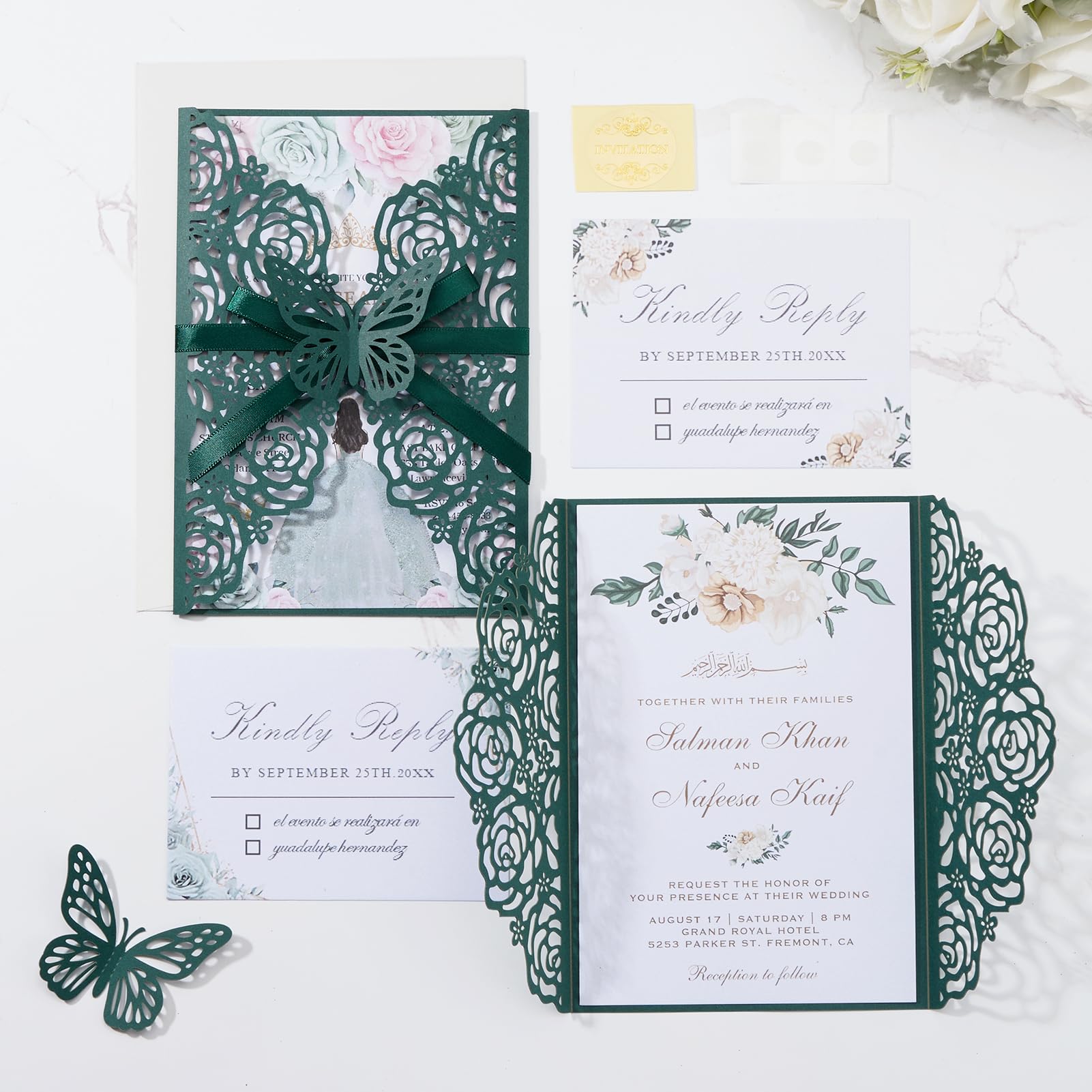 Smaragdgrüne Hochzeitseinladungen mit Umschlägen und RSVP-Karten, Blanko-Innenkarten, Bändern, für Hochzeit, Babyparty, Quinceañera-Party-Einladungen, 50 Sets