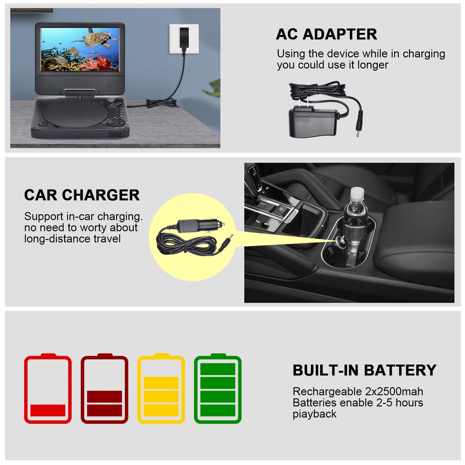 9,5" Bluetooth Tragbarer DVD Player YOOHOO mit 7,5" HD Bildschirm für Kinder,für unterwegs,Auto Fernseher für kopfstütze, alle Regionen kostenlos, Wiedergabe Aller Formate MKV/MP4/WAV/AVI/MP3/CD/1080P