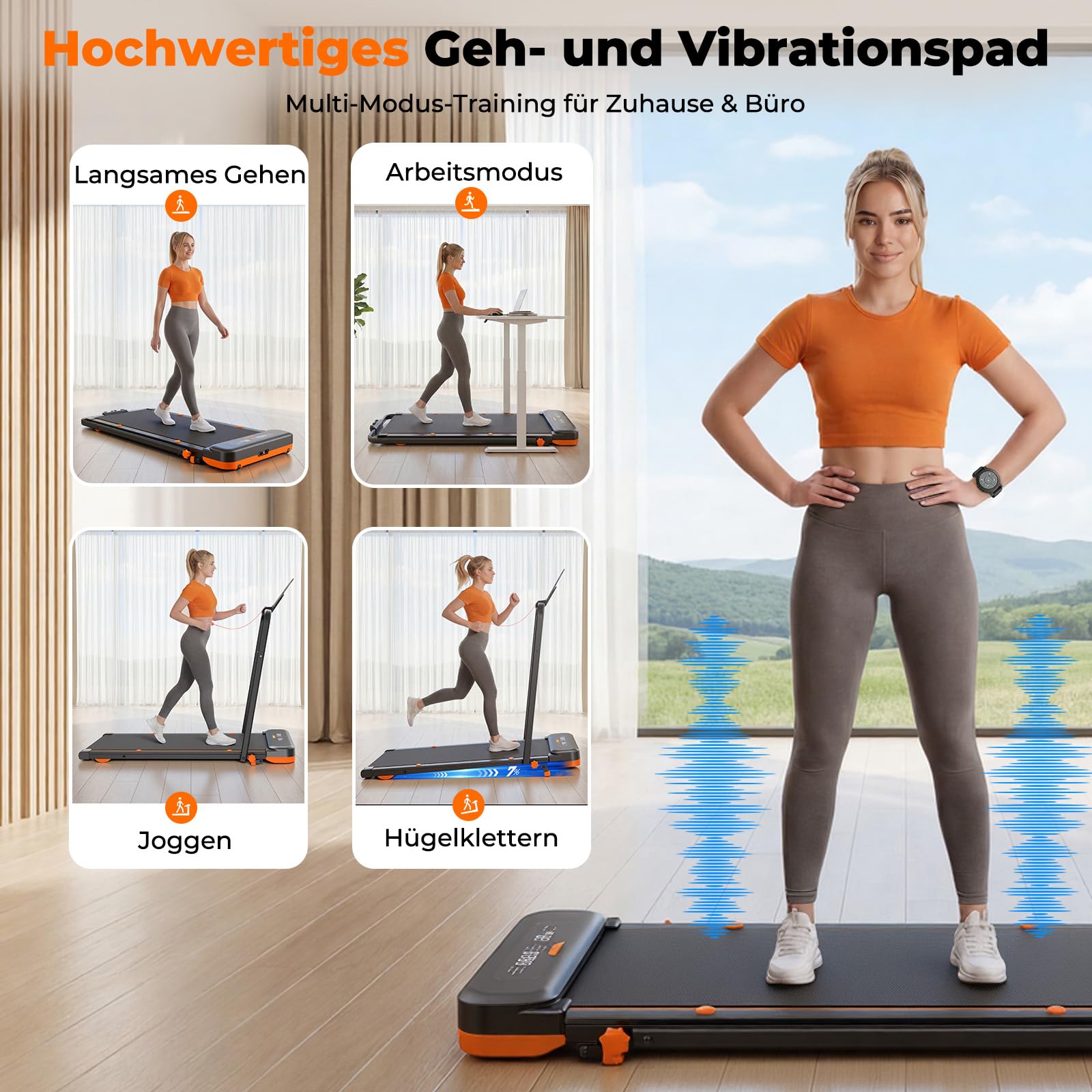 Laufband für Zuhause mit 5 Reha & 5 Vibrationsstufen, 6 in 1 Klappbares Walking Pad, 7% Steigung, 2,5 PS Motor (<40 dB), 1-10km/h Laufband Schreibtisch, Smart App, Fernbedienung, Schwarz