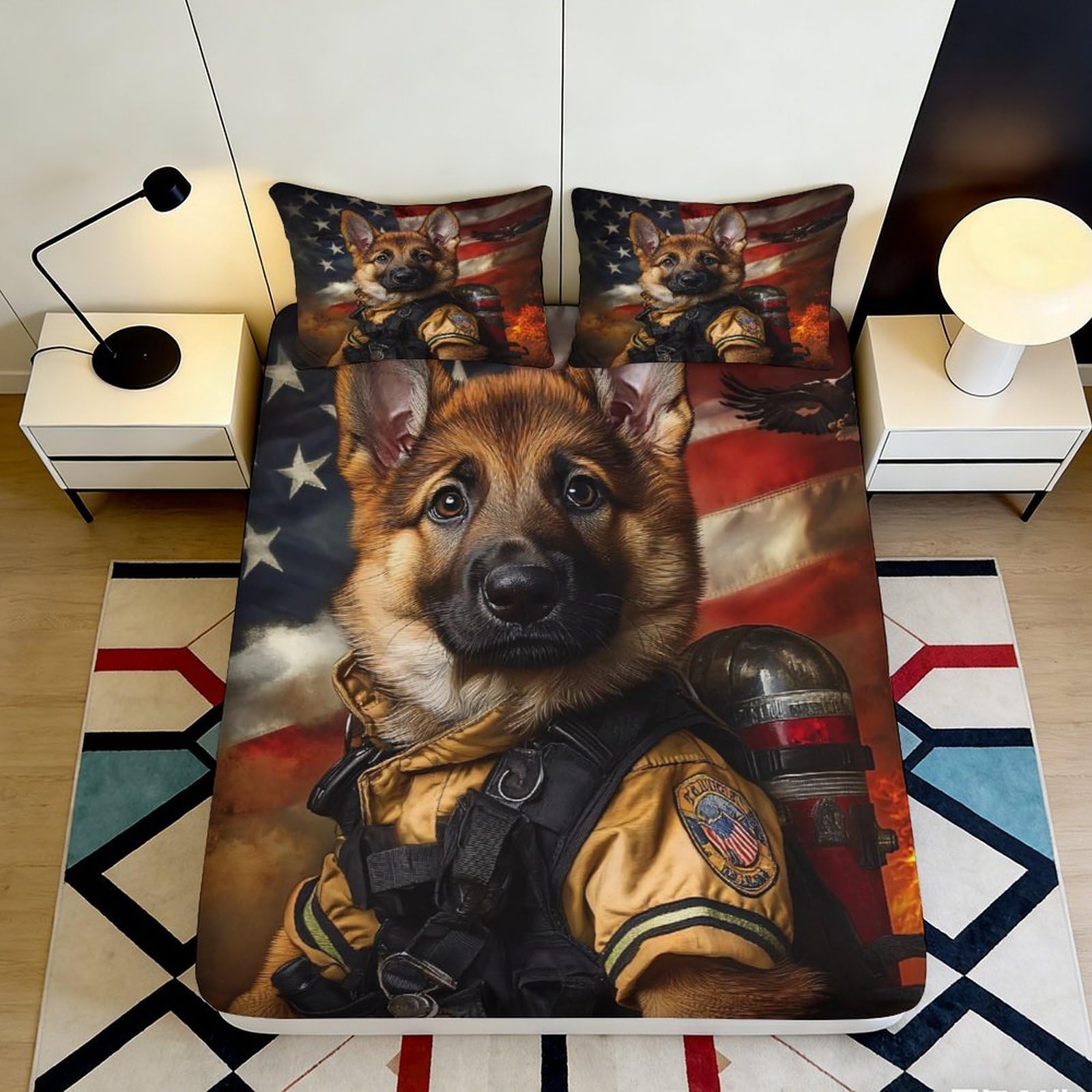 3D Printed German Shepherd Dog Fitted Sheet Microfiber Durable Soft Firefighter Flag Mattress Cover for Bedroom Dormitory Guest Room Protection 120x200x25cm