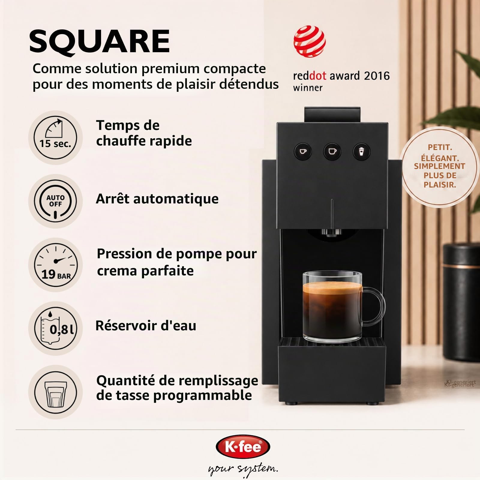 K-fee Square Machine à capsules pour café, thé et cacao | Machine à café compacte | Chauffage rapide | Réservoir d'eau de 0,8 l | 19 bars | Noir piano