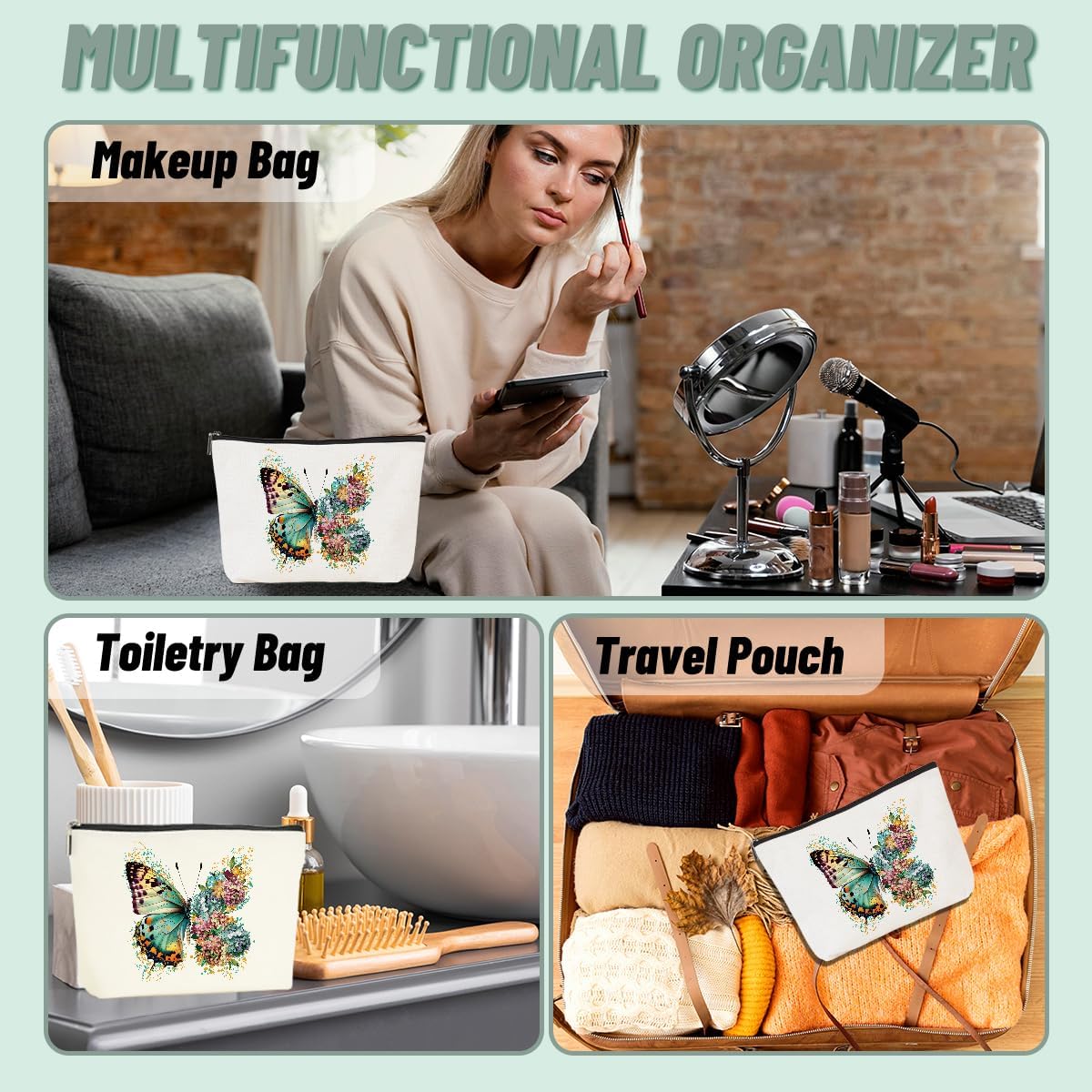2pcs Aesthetic Butterfly Floral Makeup Bag Flowers Butterfly Gifts Cosmetic Bags for Women Girls, Aesthetic Zipper Pouch Travel Toiletry Bag Friend Gifts for Sisters Bestie - Image 5