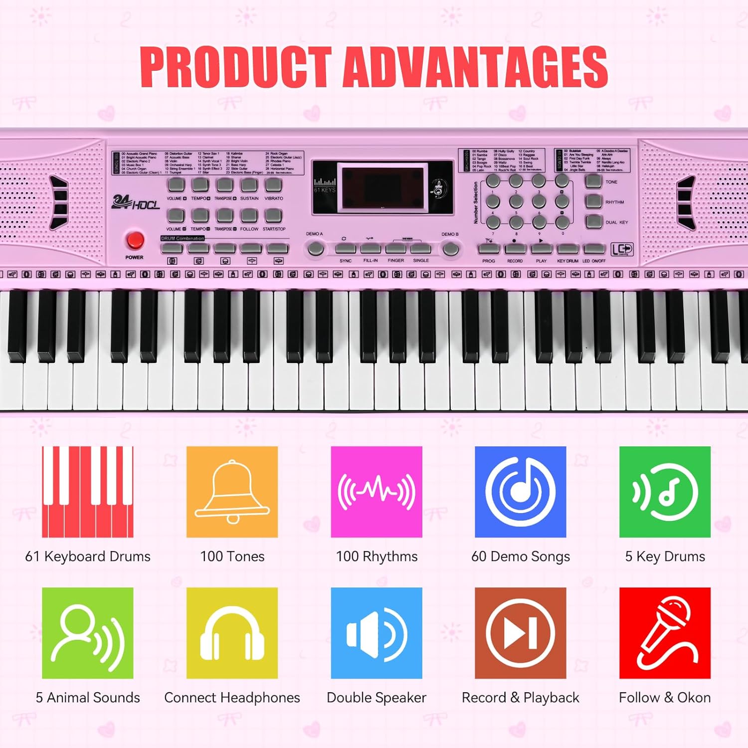 Overview of the keyboard's control panel highlighting features like 61 keyboard drums, 100 tones, 100 rhythms, 60 demo songs, 5 key drums, 5 animal sounds, headphone connect, dual speakers, record & playback, and follow & OKON functions.