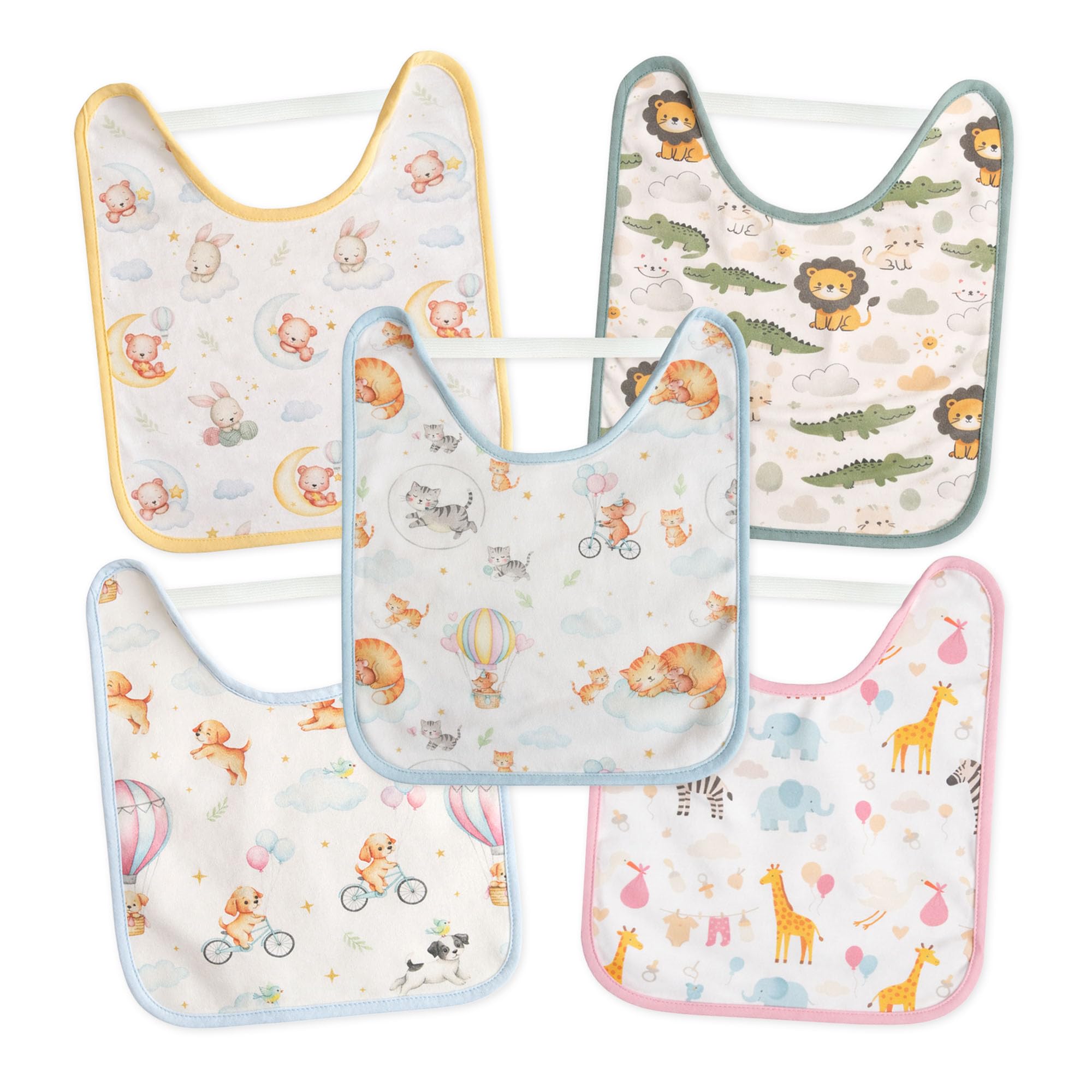 Baberos Bebé Impermeables Pack de 5 | Baberos Guardería con Goma Elástica - Babero Cuello Elástico Tipo Camiseta | Algodón Suave Lavables a Máquina 30º | Baberos Bebé Recién Nacido