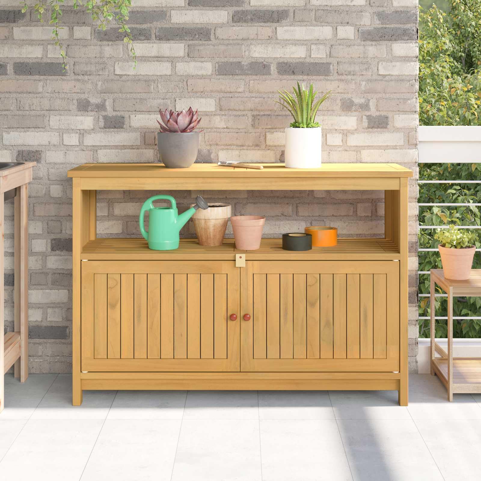 vidaXL Gartenkonsole Tisch Helles Akazienholz 110 x 35 x 75 cm, Garten, Rechteckig, Rustikal, Langlebig, Genügend Platz für die Aufbewahrung und Organisation von Werkzeugen und Zubehör auch in engen R