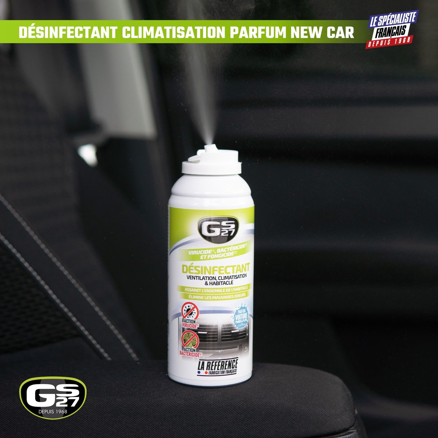GS27 - Désinfectant Climatisation Voiture - Assainit la Ventilation et l'Habitacle - Parfum Voiture Neuve