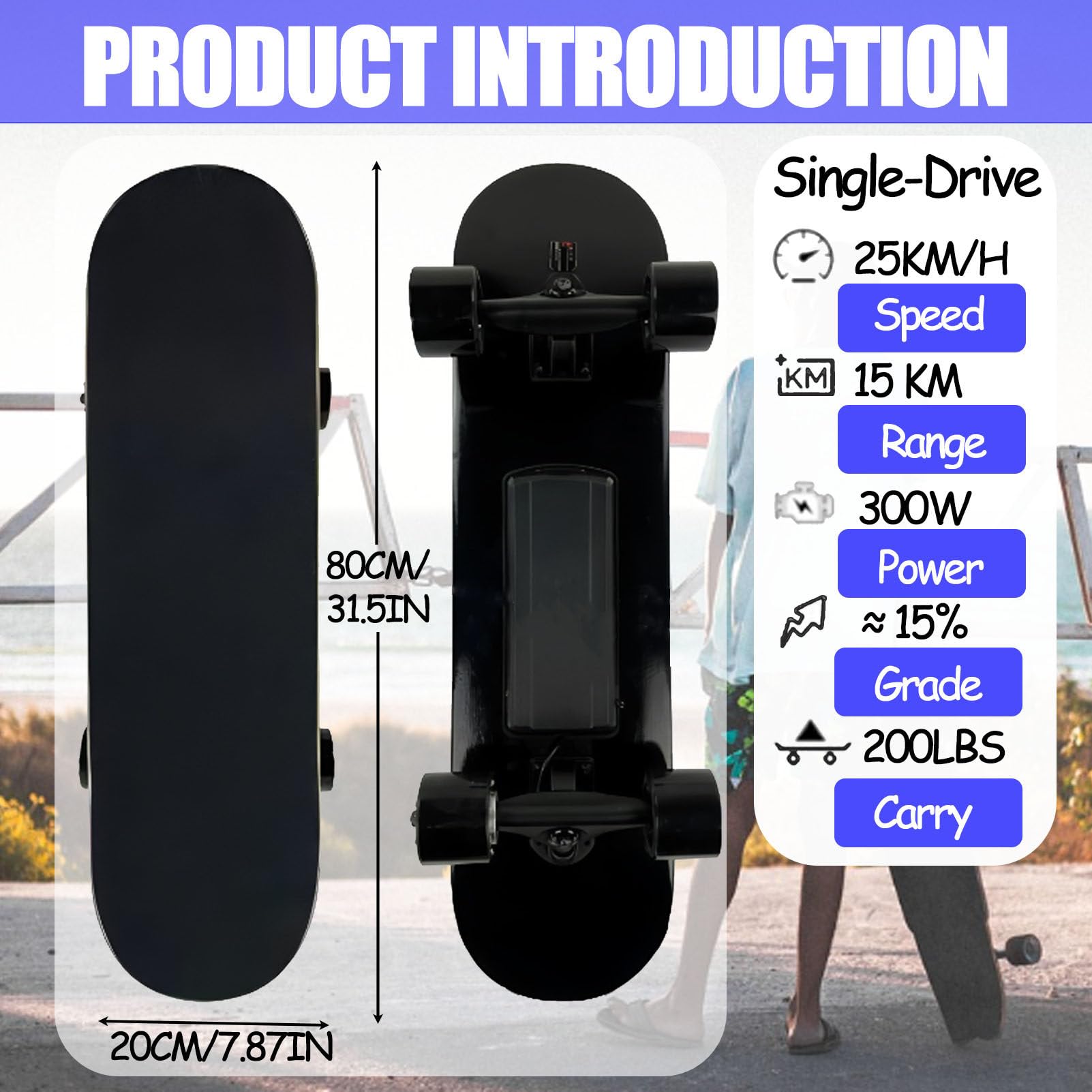 Skateboard éLectrique avec TéLéCommande, Longboard éLectrique De 300 W pour Les Trajets Quotidiens, Autonomie De 15 Km, Skateboard Longboard pour Adultes E