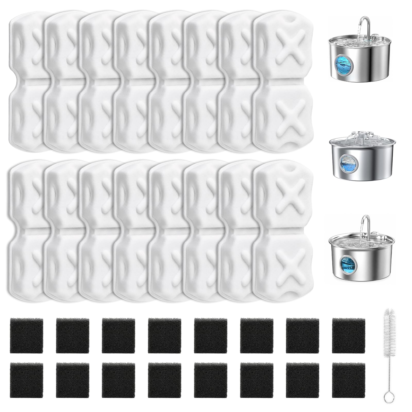 Cat Water Fountain Filters,VinDox Cotton & Activated Carbon Effectively Filters Impurities & Removes Odors(16 Filters + 16 Sponges + 1 Brush)