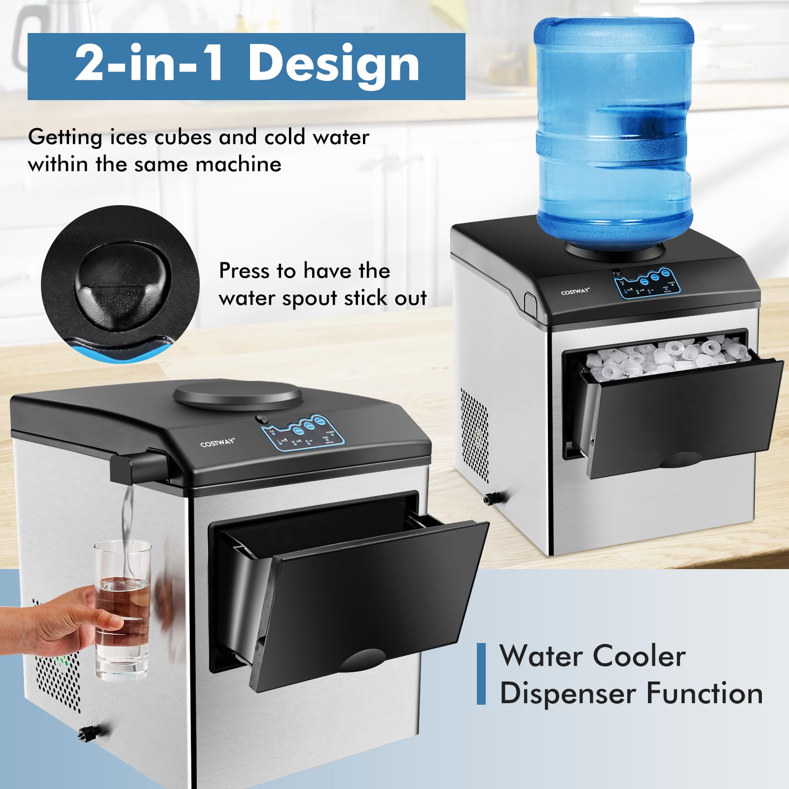 COSTWAY Countertop Ice Maker With Water Dispenser, 3 Sizes Bullet Shaped Ice, 48lbs/Day, Fast Ready In 6 Minutes, Ice Machine With Cold Water For Home Bar Kitchen Office on Fridge.com - View 2