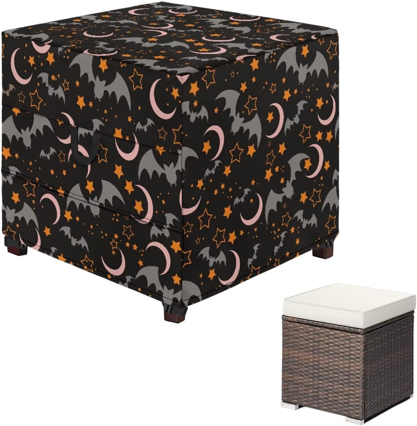 Outdoor Ottoman Cover, Halloween Bats Waterproof Patio Ottoman Cover, Heavy Duty Outdoor Furniture Cover with Handles
