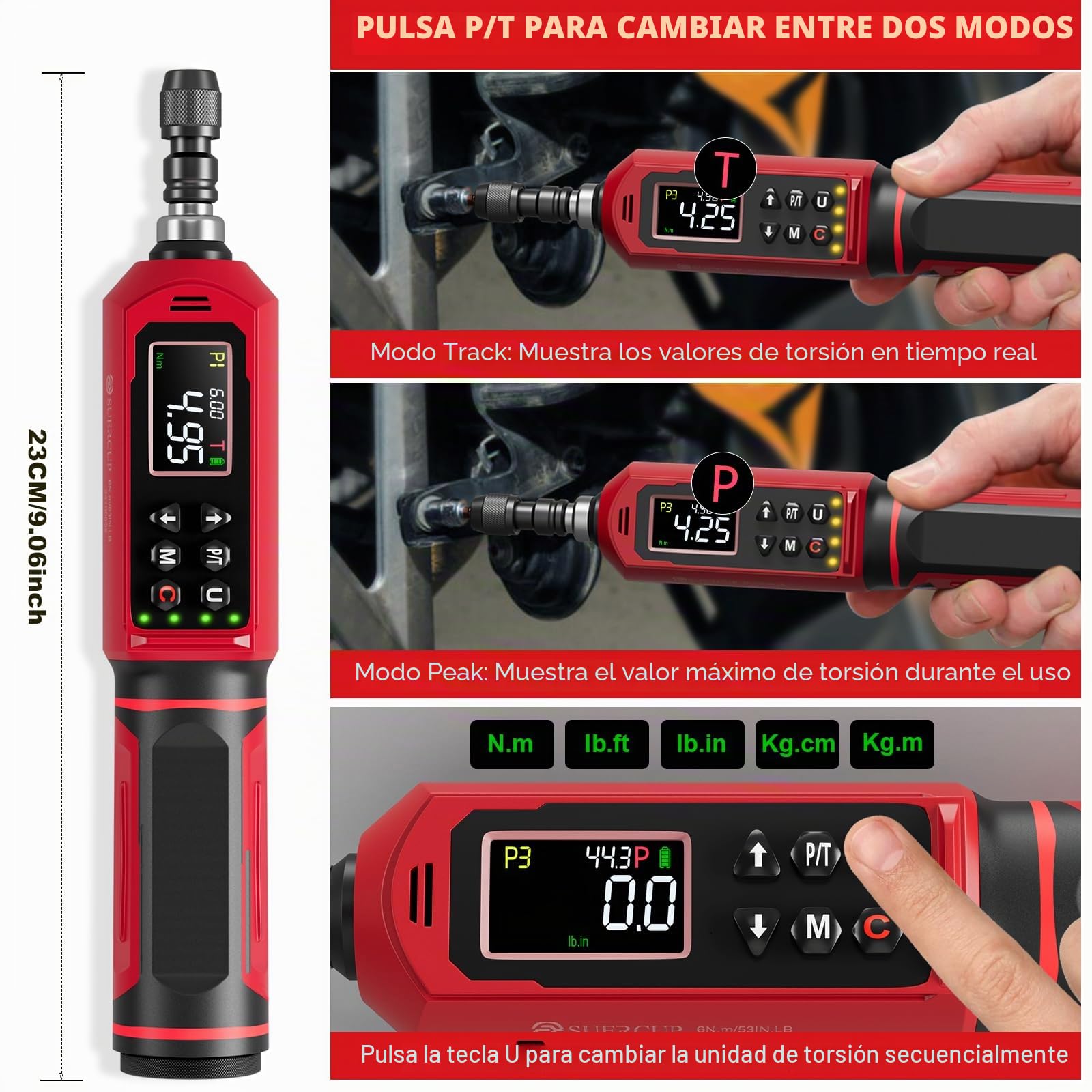 SUERCUP Destornillador dinamométrico digital 0,15-10 Nm, ± 1% de precisión, juego de llaves dinamométricas con alarma LED, zumbador, vibración, 9 modos preestablecidos y almacenamiento de datos, para