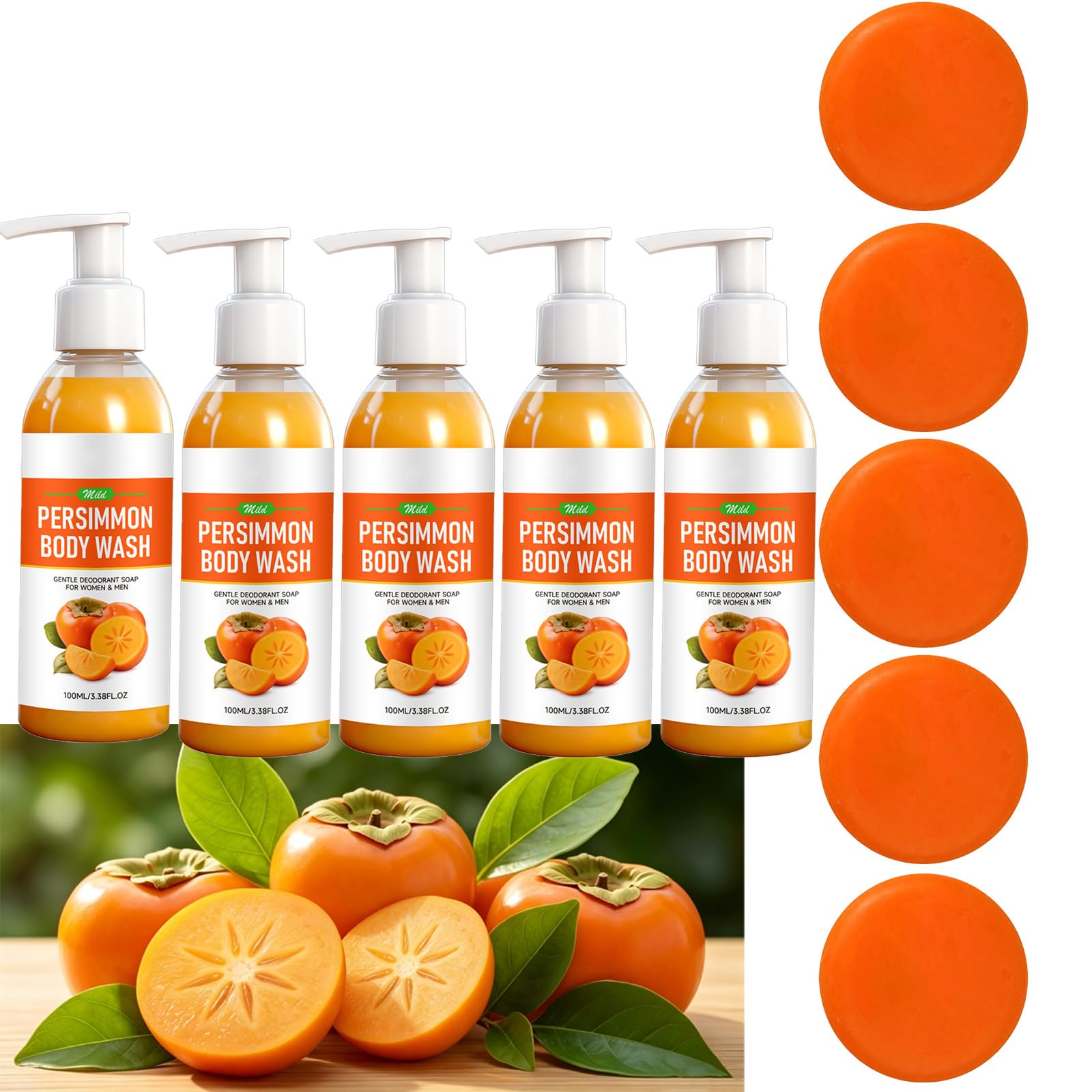 Dezodorant do mycia ciała Persimmon mydło i pasek do dojrzałego perfum, żel pod prysznic dezodorant persimmon, mydło do oczyszczania perfum do ciała, żel pod prysznic do zapachu skóry. (5 zestawów)