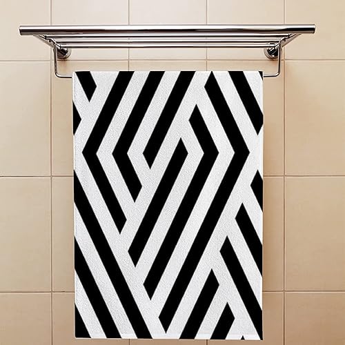 KTTYTT Juego de 2 toallas de baño de mano de microfibra de poliéster suave con diseño geométrico y rayas negras y blancas para el hogar, hotel,