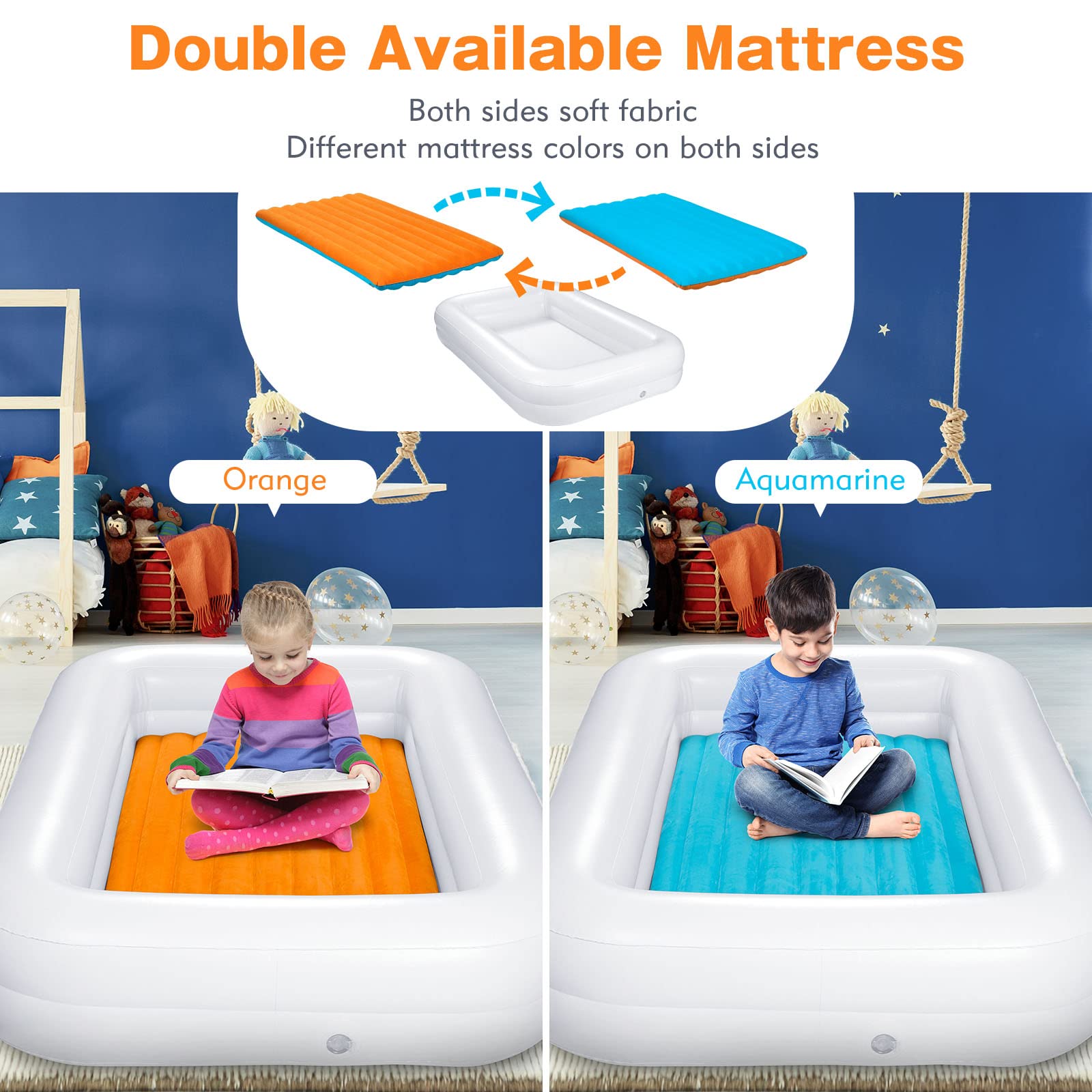USHMA Upgrade Toddler Travel Bed with Bumpers [4-Side] | Both Side Usable Toddler Air Mattress | Inflatable Toddler Bed | Portable Inflatable Kids Travel Toddler Bed | Kids Blow Up Mattress with Sides