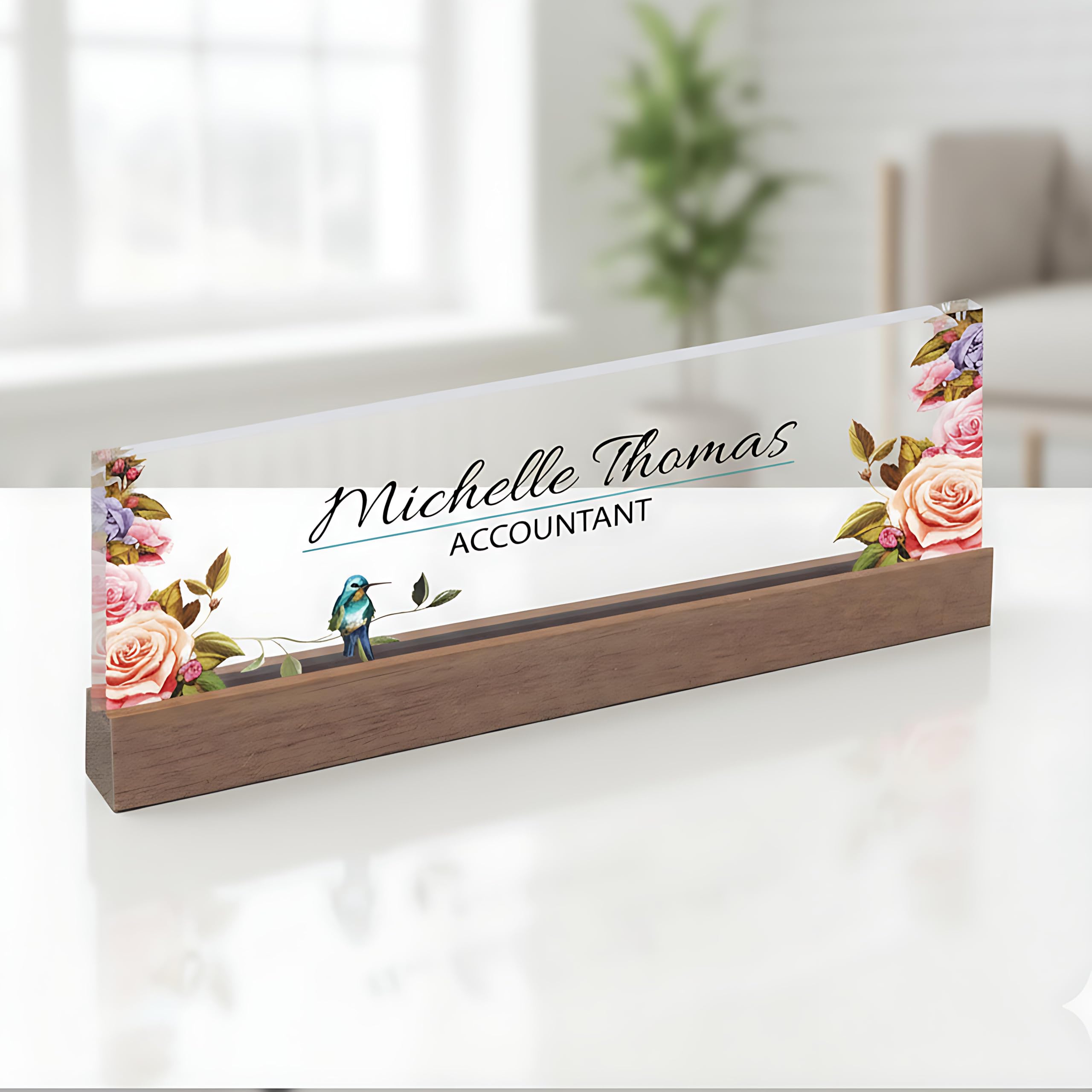 ARTBLOX Personalized Acrylic Desk Name Plate, Flower and Bird, Card Holder