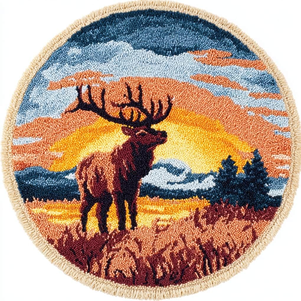 kitphoenix Round DIY Latch Hook Rug Kits Elk 20X20Inch (50X50Cm) Easy for Beginners Round Carpet Crochet Yarn Craft Large Rug Hook and Latch Tapestry for Home Decor