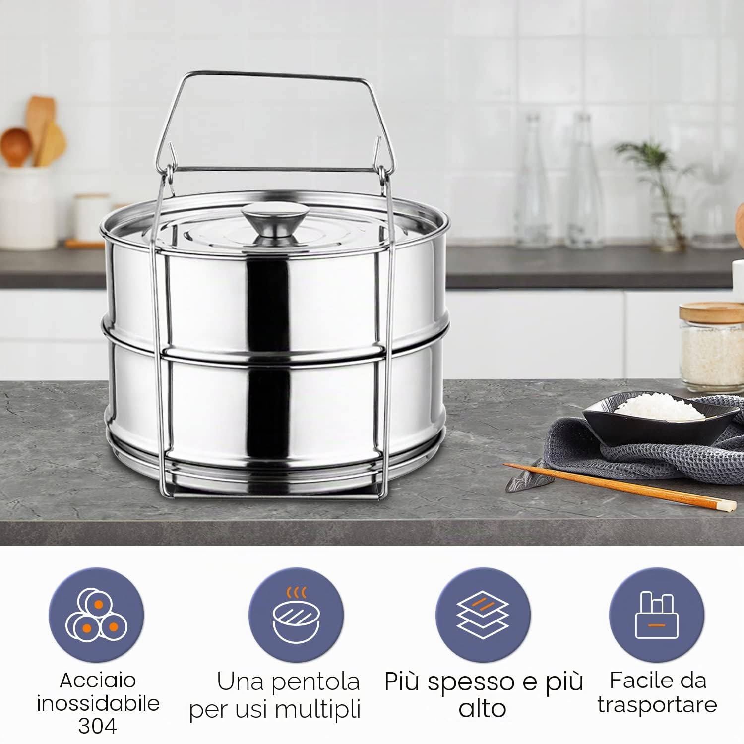 Tissting Set di 2 Pentole a Vapore Impilabili in Acciaio Inox con Manico - Accessorio per Instant Pot per Cottura Sana di Verdure, Pesce e Gnocchi
