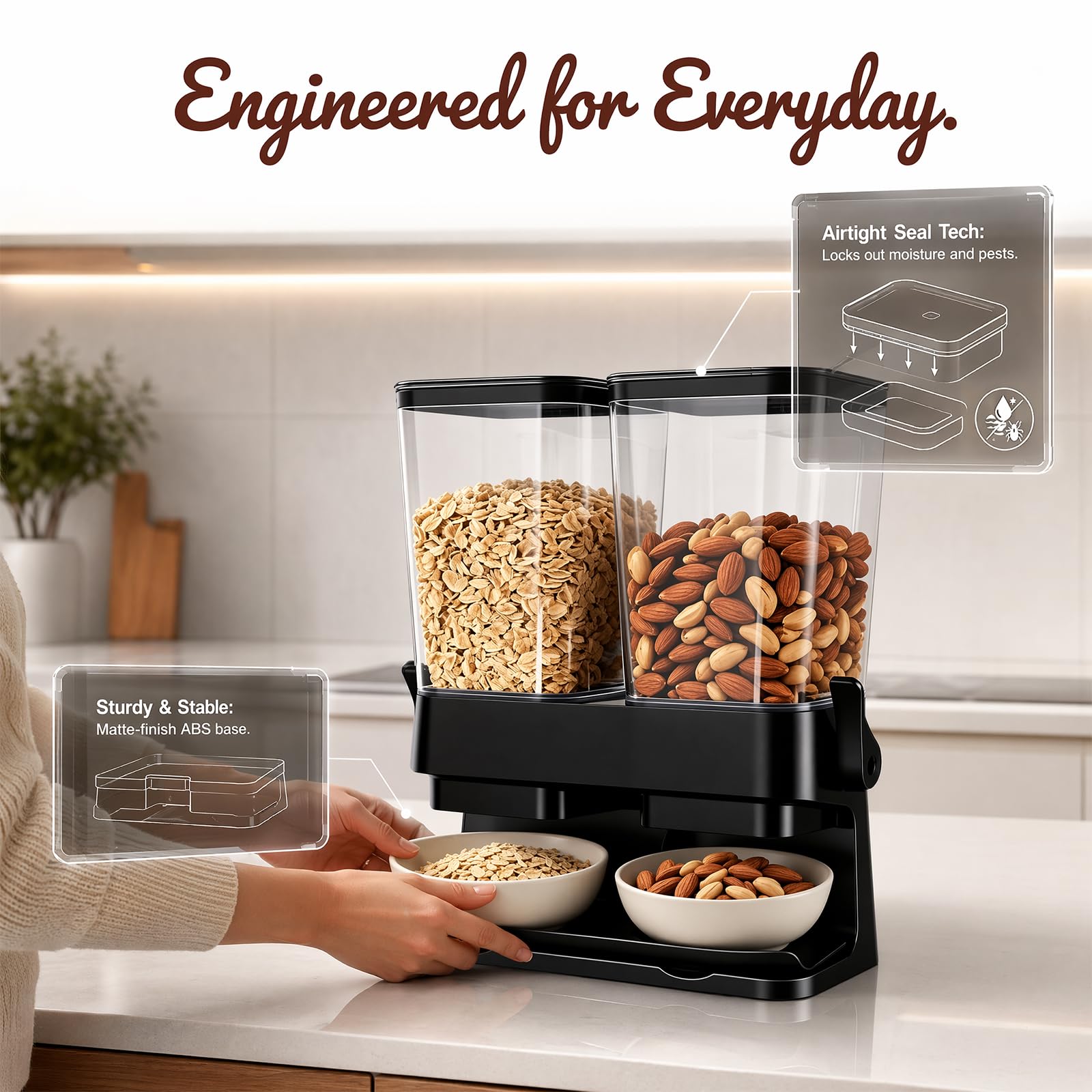 Dispensador de Cereales 2 x 3L, Cereal Dispenser Doble Hermético con 2 Compartimentos, Dispensador para Cornflakes, Muesli, Frutos Secos, Café en Grano, Dulces y Alimentos Secos