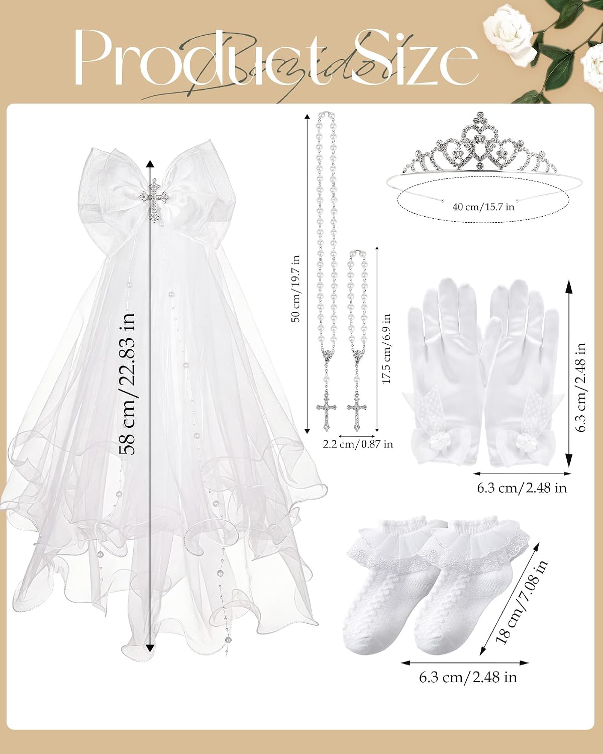 Bozidol First Communion Veil Set, White Bow Veil Headpiece Gloves Sock Accessories, Catholic 1st Communion Gifts for Girls