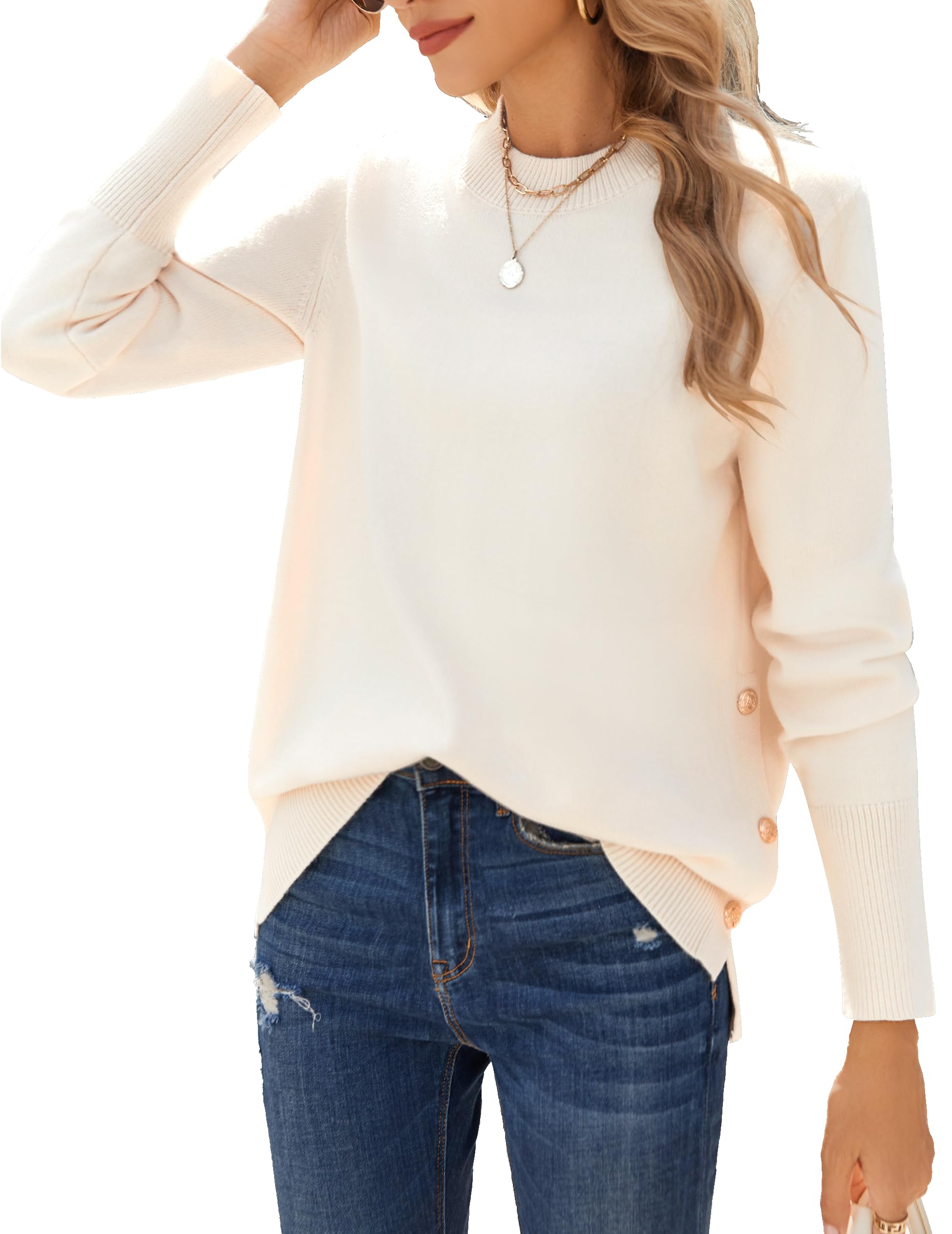 ZEAGOO Pullover Damen Strickpullover Winter Langarm Rundhals Pulli Herbst Casual Damenpullover Einfarbig Gestrickt Oberteile mit Knöpfen