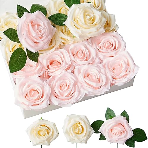 Miniatura 10 de NEVISI Artificial Rose Flower 12Pcs Ivory Rose Fake Rose Silk Rose Real Looking Fake Flowers with Stems for DIY Wedding Bouquets Tables Centerpieces