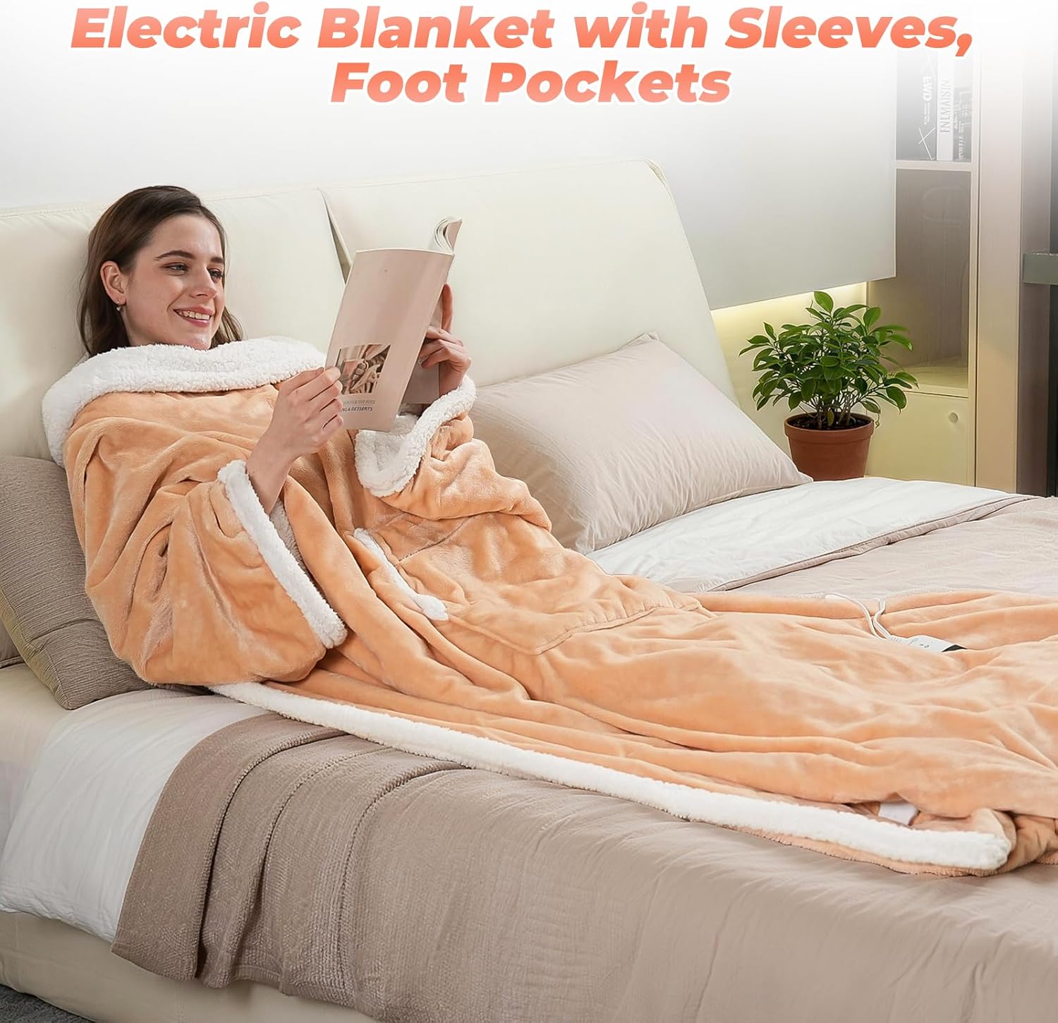 Wearable Heated Blanket with Foot Pockets, Electric Wearable Throw Blanket with Sleeves, Wearable Electric Blanket with 6 Heat Levels Settings, Fixed 4H Auto-off, Gift for Family, Friends, 50*70"