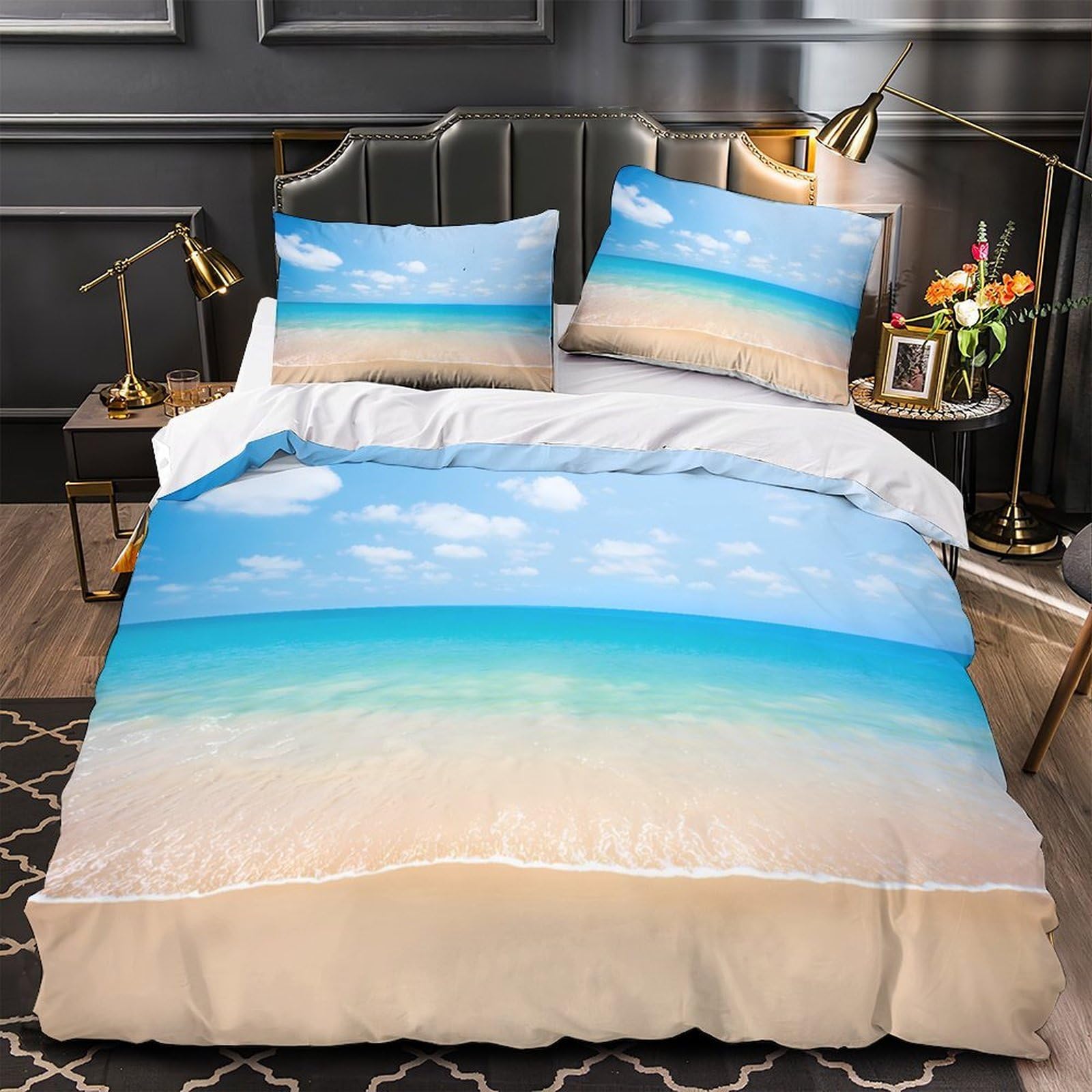 Housse de couette respirante motif plage 3D pour literie adulte et famille sans repassage